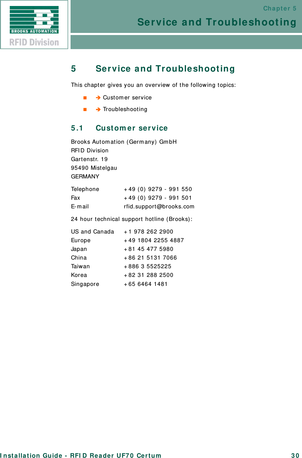 Chapter 5Service and TroubleshootingInstallation Guide - RFID Reader UF70 Certum 305 Service and TroubleshootingThis chapter gives you an overview of the following topics:■ Customer service■ Troubleshooting5.1 Customer serviceBrooks Automation (Germany) GmbHRFID DivisionGartenstr. 1995490 MistelgauGERMANYTelephone +49 (0) 9279 - 991 550Fax +49 (0) 9279 - 991 501E-mail rfid.support@brooks.com24 hour technical support hotline (Brooks):US and Canada +1 978 262 2900Europe +49 1804 2255 4887Japan +81 45 477 5980China +86 21 5131 7066Taiwan +886 3 5525225Korea +82 31 288 2500Singapore +65 6464 1481