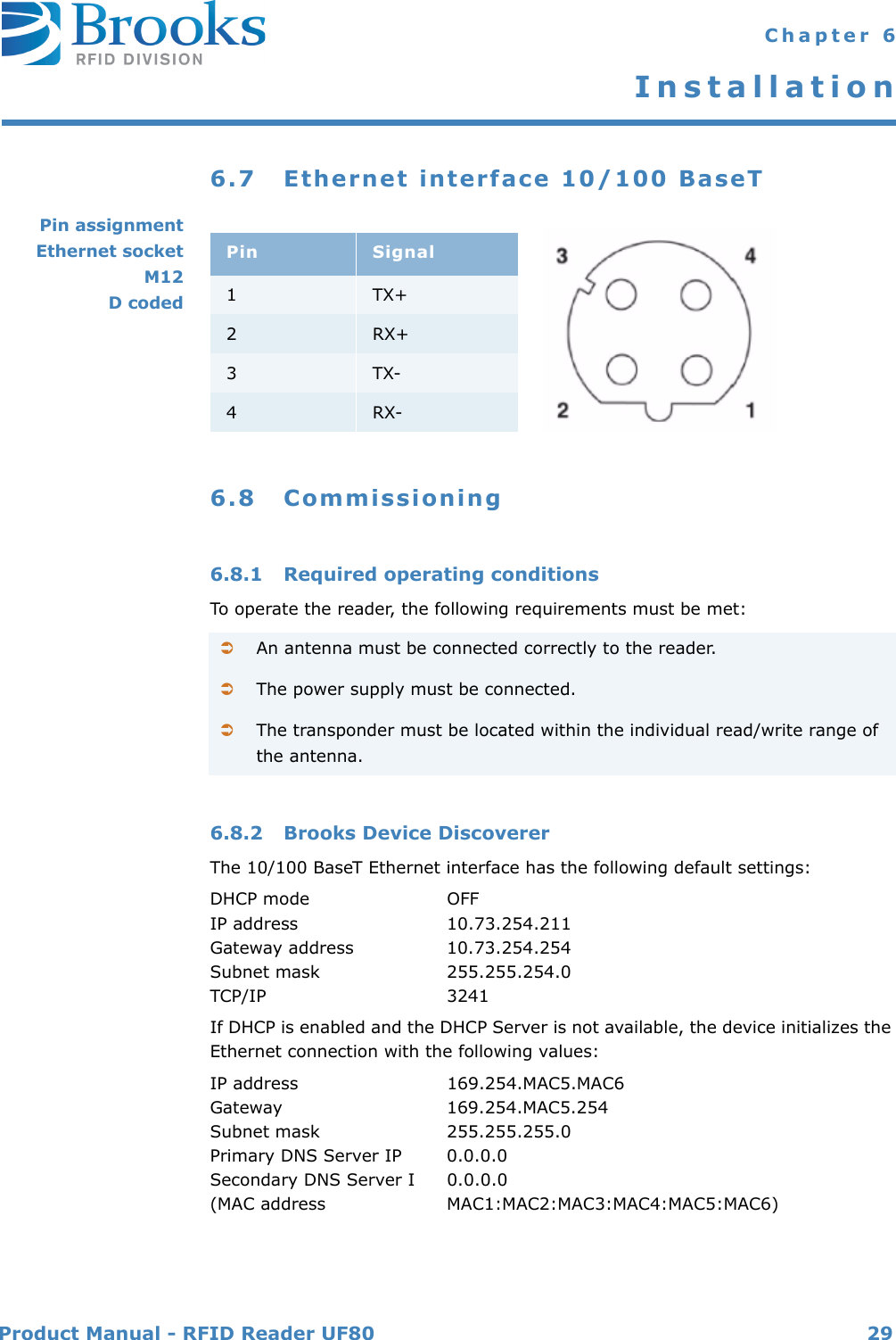 Product Manual - RFID Reader UF80 29 Chapter 6Installation6.7 Ethernet interface 10/100 BaseTPin assignmentEthernet socketM12D coded6.8 Commissioning6.8.1 Required operating conditionsTo operate the reader, the following requirements must be met:6.8.2 Brooks Device DiscovererThe 10/100 BaseT Ethernet interface has the following default settings:DHCP mode  OFFIP address  10.73.254.211Gateway address  10.73.254.254Subnet mask  255.255.254.0TCP/IP 3241If DHCP is enabled and the DHCP Server is not available, the device initializes the Ethernet connection with the following values:IP address 169.254.MAC5.MAC6Gateway 169.254.MAC5.254Subnet mask 255.255.255.0Primary DNS Server IP 0.0.0.0Secondary DNS Server I  0.0.0.0(MAC address MAC1:MAC2:MAC3:MAC4:MAC5:MAC6)Pin Signal1TX+2RX+3TX-4RX-An antenna must be connected correctly to the reader.The power supply must be connected.The transponder must be located within the individual read/write range of the antenna.