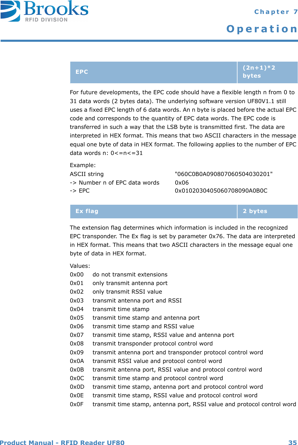 Product Manual - RFID Reader UF80 35 Chapter 7OperationFor future developments, the EPC code should have a flexible length n from 0 to 31 data words (2 bytes data). The underlying software version UF80V1.1 still uses a fixed EPC length of 6 data words. An n byte is placed before the actual EPC code and corresponds to the quantity of EPC data words. The EPC code is transferred in such a way that the LSB byte is transmitted first. The data are interpreted in HEX format. This means that two ASCII characters in the message equal one byte of data in HEX format. The following applies to the number of EPC data words n: 0&lt;=n&lt;=31Example:ASCII string &quot;060C0B0A090807060504030201&quot;-&gt; Number n of EPC data words 0x06-&gt; EPC 0x0102030405060708090A0B0CThe extension flag determines which information is included in the recognized EPC transponder. The Ex flag is set by parameter 0x76. The data are interpreted in HEX format. This means that two ASCII characters in the message equal one byte of data in HEX format.Values:0x00 do not transmit extensions0x01 only transmit antenna port0x02 only transmit RSSI value0x03 transmit antenna port and RSSI0x04 transmit time stamp0x05 transmit time stamp and antenna port0x06 transmit time stamp and RSSI value0x07 transmit time stamp, RSSI value and antenna port0x08 transmit transponder protocol control word0x09 transmit antenna port and transponder protocol control word0x0A transmit RSSI value and protocol control word0x0B transmit antenna port, RSSI value and protocol control word0x0C transmit time stamp and protocol control word0x0D transmit time stamp, antenna port and protocol control word0x0E transmit time stamp, RSSI value and protocol control word0x0F transmit time stamp, antenna port, RSSI value and protocol control word EPC (2n+1)*2 bytesEx flag 2 bytes