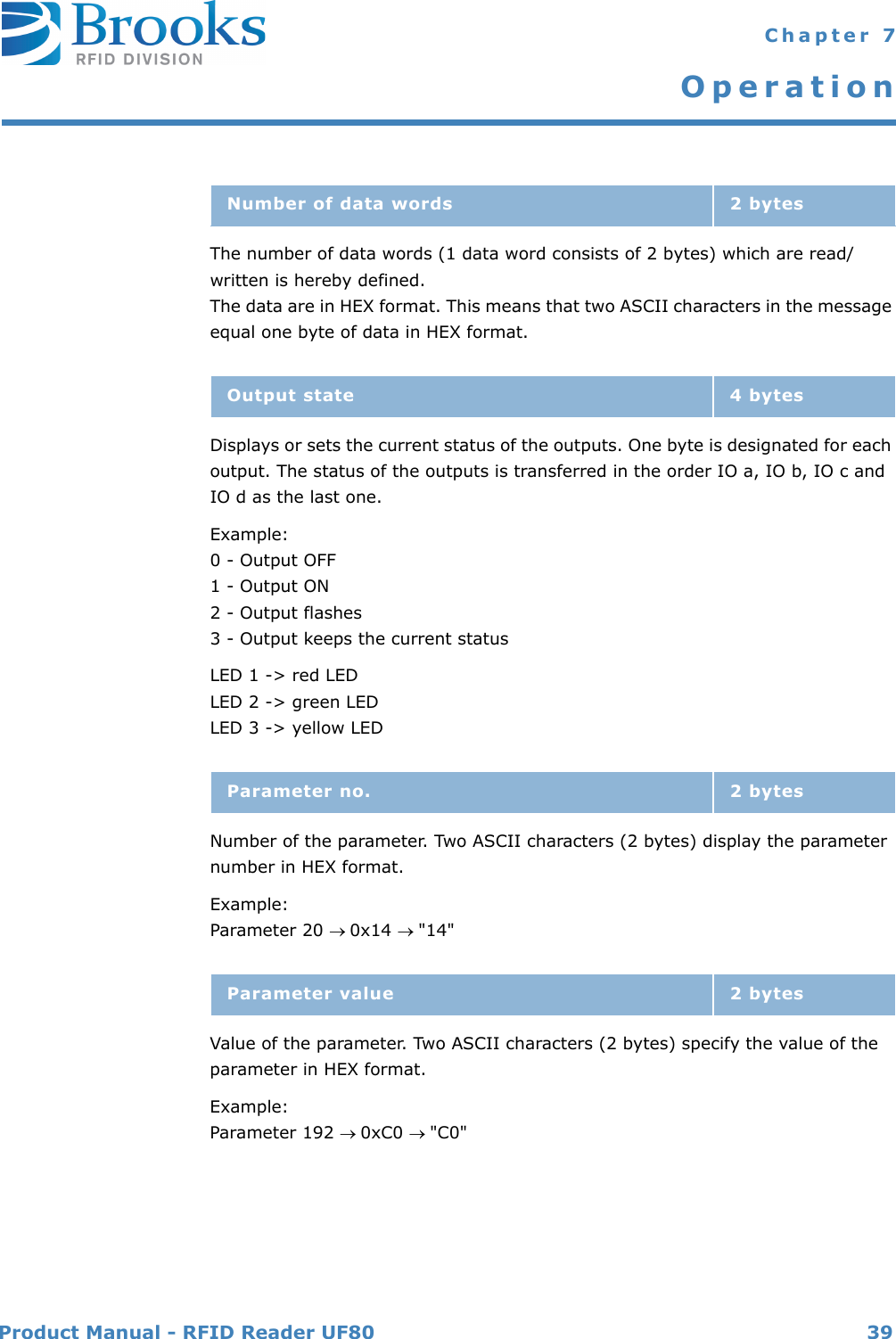 Product Manual - RFID Reader UF80 39 Chapter 7OperationThe number of data words (1 data word consists of 2 bytes) which are read/written is hereby defined.The data are in HEX format. This means that two ASCII characters in the message equal one byte of data in HEX format.Displays or sets the current status of the outputs. One byte is designated for each output. The status of the outputs is transferred in the order IO a, IO b, IO c and IO d as the last one.Example:0 - Output OFF1 - Output ON2 - Output flashes3 - Output keeps the current statusLED 1 -&gt; red LEDLED 2 -&gt; green LEDLED 3 -&gt; yellow LEDNumber of the parameter. Two ASCII characters (2 bytes) display the parameter number in HEX format.Example:Parameter 20 0x14 &quot;14&quot;Value of the parameter. Two ASCII characters (2 bytes) specify the value of the parameter in HEX format.Example:Parameter 192 0xC0 &quot;C0&quot;Number of data words 2 bytesOutput state 4 bytesParameter no. 2 bytesParameter value 2 bytes