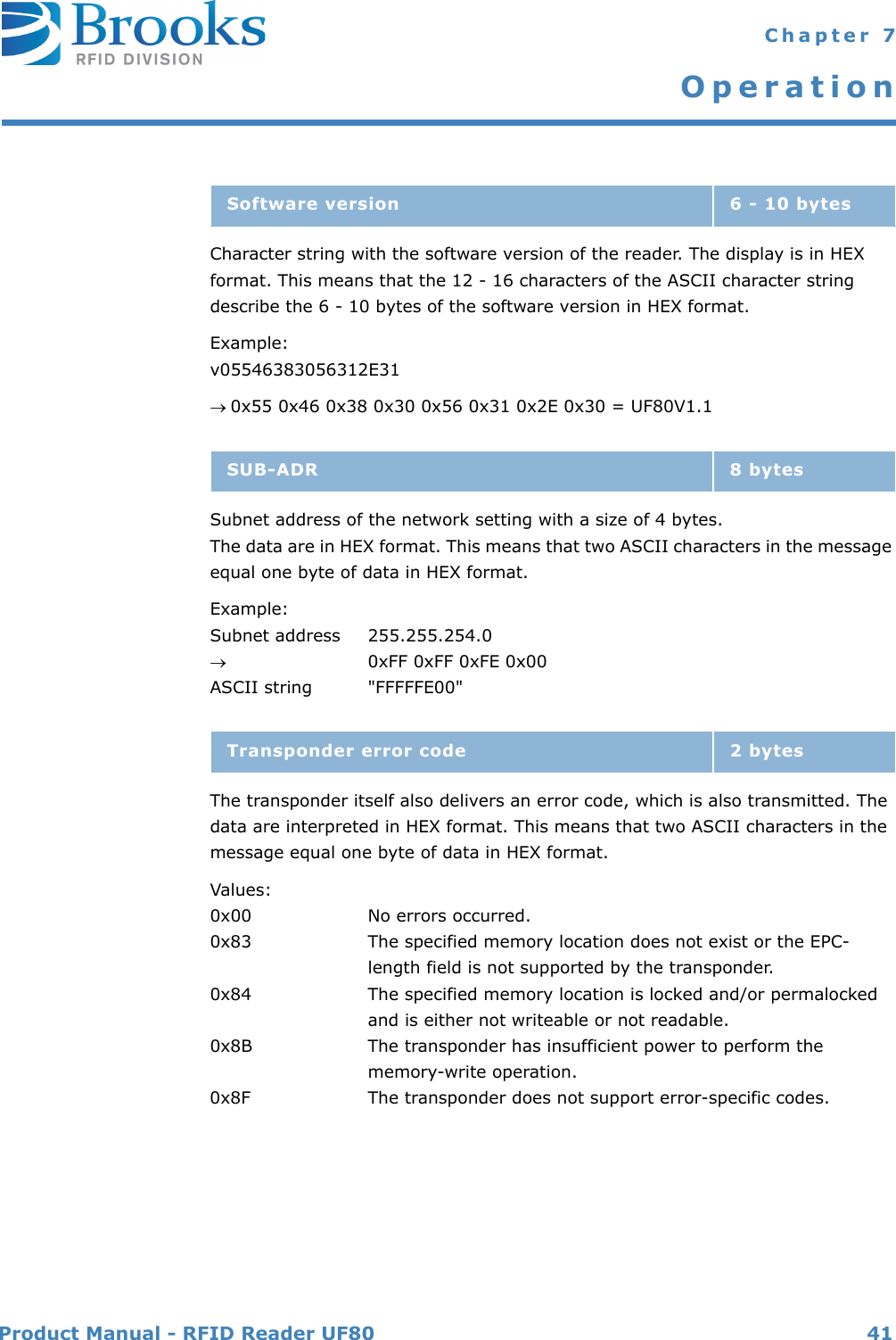 Product Manual - RFID Reader UF80 41 Chapter 7OperationCharacter string with the software version of the reader. The display is in HEX format. This means that the 12 - 16 characters of the ASCII character string describe the 6 - 10 bytes of the software version in HEX format.Example:v05546383056312E310x55 0x46 0x38 0x30 0x56 0x31 0x2E 0x30 = UF80V1.1Subnet address of the network setting with a size of 4 bytes.The data are in HEX format. This means that two ASCII characters in the message equal one byte of data in HEX format.Example:Subnet address 255.255.254.00xFF 0xFF 0xFE 0x00ASCII string &quot;FFFFFE00&quot;The transponder itself also delivers an error code, which is also transmitted. The data are interpreted in HEX format. This means that two ASCII characters in the message equal one byte of data in HEX format.Values:0x00 No errors occurred.0x83 The specified memory location does not exist or the EPC- length field is not supported by the transponder.0x84 The specified memory location is locked and/or permalocked and is either not writeable or not readable.0x8B The transponder has insufficient power to perform the memory-write operation.0x8F The transponder does not support error-specific codes.Software version 6 - 10 bytesSUB-ADR 8 bytesTransponder error code 2 bytes