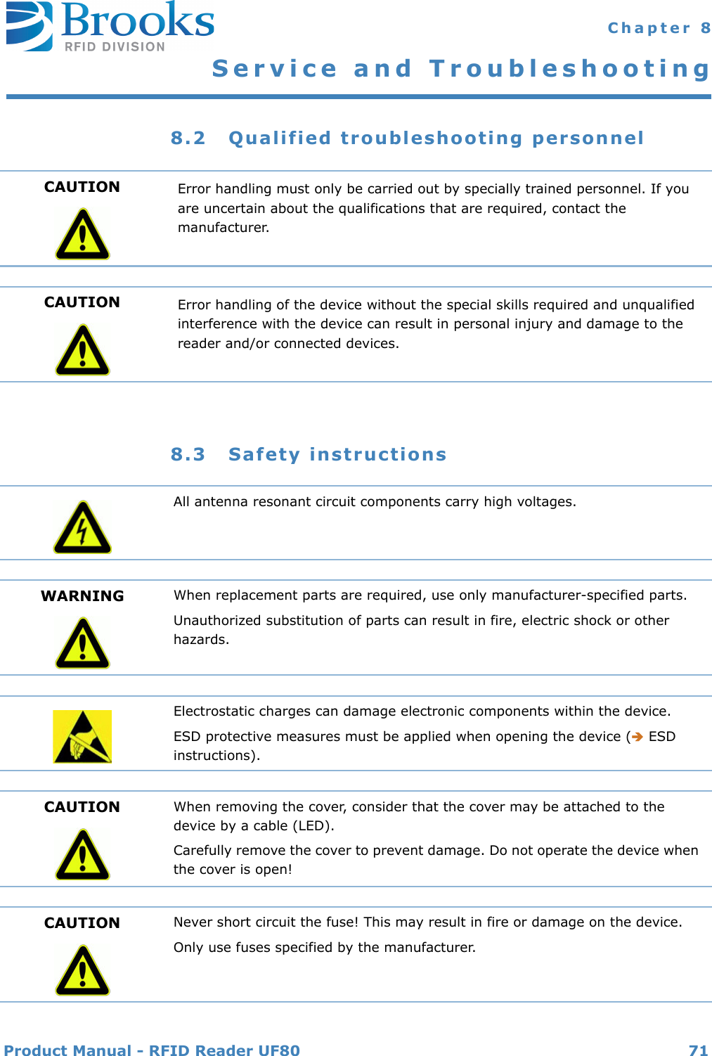 Product Manual - RFID Reader UF80 71 Chapter 8Service and Troubleshooting8.2 Qualified troubleshooting personnel8.3 Safety instructionsCAUTION Error handling must only be carried out by specially trained personnel. If you are uncertain about the qualifications that are required, contact the manufacturer.CAUTION Error handling of the device without the special skills required and unqualified interference with the device can result in personal injury and damage to the reader and/or connected devices.All antenna resonant circuit components carry high voltages.WARNING When replacement parts are required, use only manufacturer-specified parts.Unauthorized substitution of parts can result in fire, electric shock or other hazards.Electrostatic charges can damage electronic components within the device.ESD protective measures must be applied when opening the device ( ESD instructions).CAUTION When removing the cover, consider that the cover may be attached to the device by a cable (LED).Carefully remove the cover to prevent damage. Do not operate the device when the cover is open!CAUTION Never short circuit the fuse! This may result in fire or damage on the device.Only use fuses specified by the manufacturer.nbb