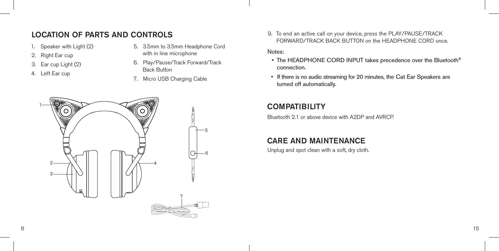 6LOCATION OF PARTS AND CONTROLS13421. Speaker with Light (2)2. Right Ear cup3. Ear cup Light (2)4. Left Ear cup5. 3.5mm to 3.5mm Headphone Cordwith in line microphone6. Play/Pause/Track Forward/TrackBack Button7. Micro USB Charging Cable567159. To end an active call on your device, press the PLAY/PAUSE/TRACKFORWARD/TRACK BACK BUTTON on the HEADPHONE CORD once.Notes: • The HEADPHONE CORD INPUT takes precedence over the Bluetooth®connection.• If there is no audio streaming for 20 minutes, the Cat Ear Speakers areturned off automatically.COMPATIBILITYBluetooth 2.1 or above device with A2DP and AVRCP. CARE AND MAINTENANCEUnplug and spot clean with a soft, dry cloth.