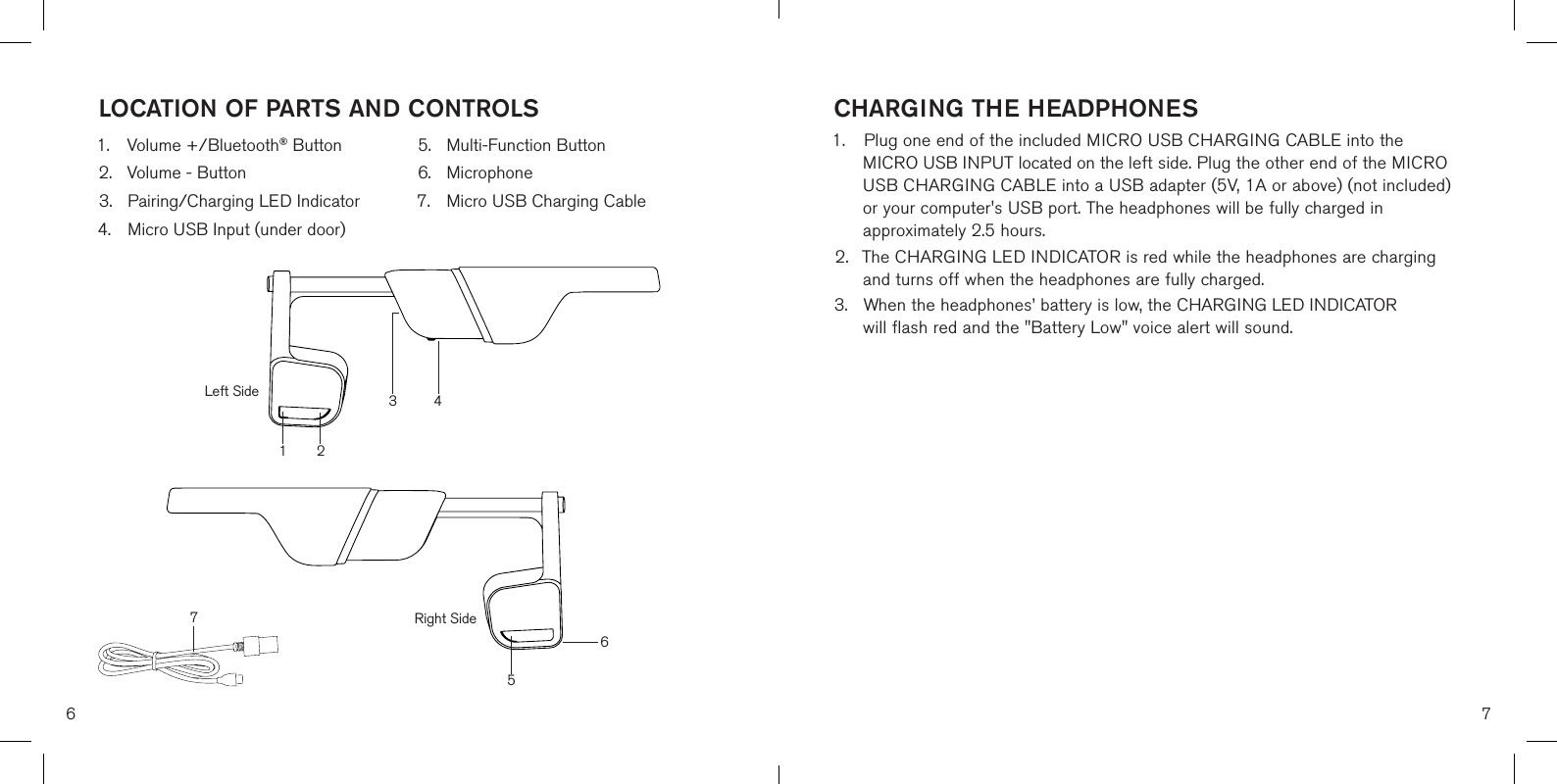 6LOCATION OF PARTS AND CONTROLS1.  Volume +/Bluetooth® Button2.  Volume - Button3.  Pairing/Charging LED Indicator4.  Micro USB Input (under door)5.  Multi-Function Button6.  Microphone7.  Micro USB Charging Cable7CHARGING THE HEADPHONES1.  Plug one end of the included MICRO USB CHARGING CABLE into the  MICRO USB INPUT located on the left side. Plug the other end of the MICRO    USB CHARGING CABLE into a USB adapter (5V, 1A or above) (not included)    or your computer&apos;s USB port. The headphones will be fully charged in      approximately 2.5 hours.2.  The CHARGING LED INDICATOR is red while the headphones are charging    and turns off when the headphones are fully charged. 3.  When the headphones’ battery is low, the CHARGING LED INDICATOR      will flash red and the &quot;Battery Low&quot; voice alert will sound. 1342Left SideRight Side567