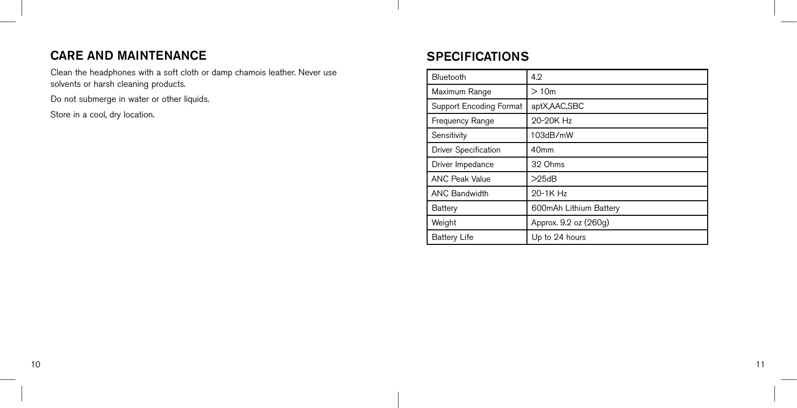 10 11SPECIFICATIONSBluetooth 4.2Maximum Range &gt; 10mSupport Encoding Format aptX,AAC,SBCFrequency Range 20-20K HzSensitivity 103dB/mWDriver Specification 40mmDriver Impedance 32 OhmsANC Peak Value  &gt;25dBANC Bandwidth 20-1K HzBattery 600mAh Lithium BatteryWeight Approx. 9.2 oz (260g)Battery Life Up to 24 hoursCARE AND MAINTENANCEClean the headphones with a soft cloth or damp chamois leather. Never use solvents or harsh cleaning products.Do not submerge in water or other liquids.Store in a cool, dry location.