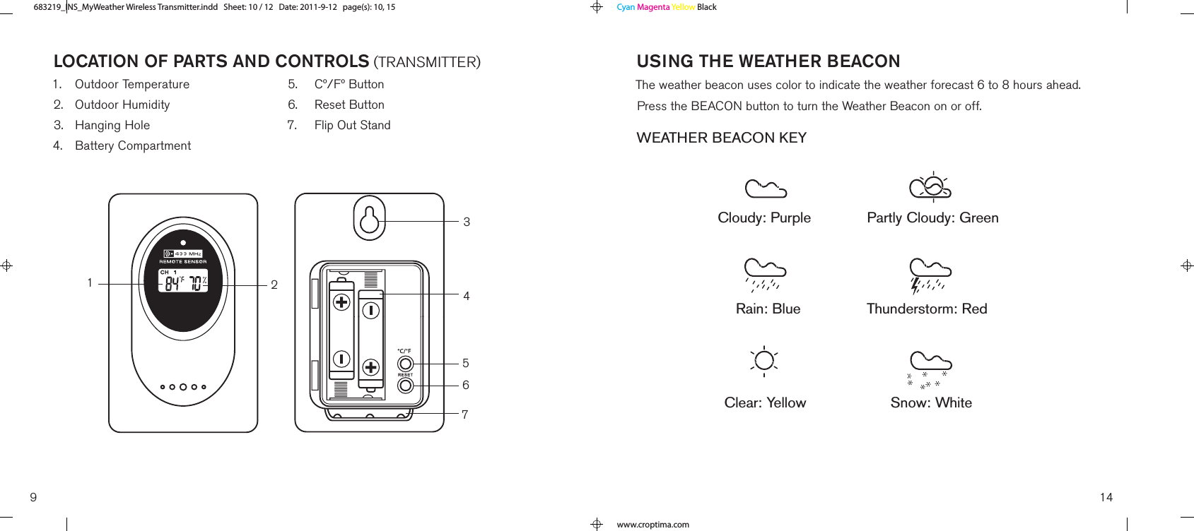 9locaTIon of ParTs and conTrols (TRANSMITTER)1.  Outdoor Temperature2.  Outdoor Humidity3.  Hanging Hole4.  Battery Compartment5.  Cº/Fº Button6.  Reset Button7.  Flip Out Stand124375614usIng The WeaTher beaconThe weather beacon uses color to indicate the weather forecast 6 to 8 hours ahead.Press the BEACON button to turn the Weather Beacon on or off.WEATHER BEACON KEY   Cloudy: Purple Partly Cloudy: GreenRain: BlueClear: YellowThunderstorm: RedSnow: White683219_INS_MyWeather Wireless TransmitterSize:5”Wx4.75”H_Output:100%_Prints:1/1,Blk Cyan Magenta Yellow Blackwww.croptima.com683219_INS_MyWeather Wireless Transmitter.indd   Sheet: 10 / 12   Date: 2011-9-12   page(s): 10, 15