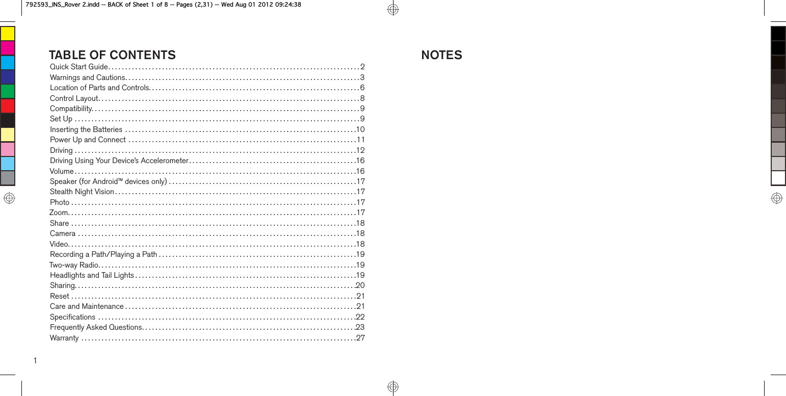 1TABLE OF CONTENTSQuick Start Guide...........................................................................2Warnings and Cautions......................................................................3Location of Parts and Controls...............................................................6Control Layout..............................................................................8Compatibility................................................................................9Set Up .....................................................................................9Inserting the Batteries  .....................................................................10Power Up and Connect  ....................................................................11Driving ....................................................................................12Driving Using Your Device’s Accelerometer ..................................................16Volume ....................................................................................16Speaker (for AndroidTM devices only) ........................................................17Stealth Night Vision ........................................................................17Photo .....................................................................................17Zoom......................................................................................17Share .....................................................................................18Camera ...................................................................................18Video......................................................................................18Recording a Path/Playing a Path ...........................................................19Two-way Radio.............................................................................19Headlights and Tail Lights ..................................................................19Sharing....................................................................................20Reset .....................................................................................21Care and Maintenance .....................................................................21Speciﬁcations  .............................................................................22Frequently Asked Questions................................................................23Warranty  ..................................................................................27NOTESB,16B5RYHULQGG%$&amp;.RI6KHHWRI3DJHV:HG$XJB,16B5RYHULQGG%$&amp;.RI6KHHWRI3DJHV:HG$XJ
