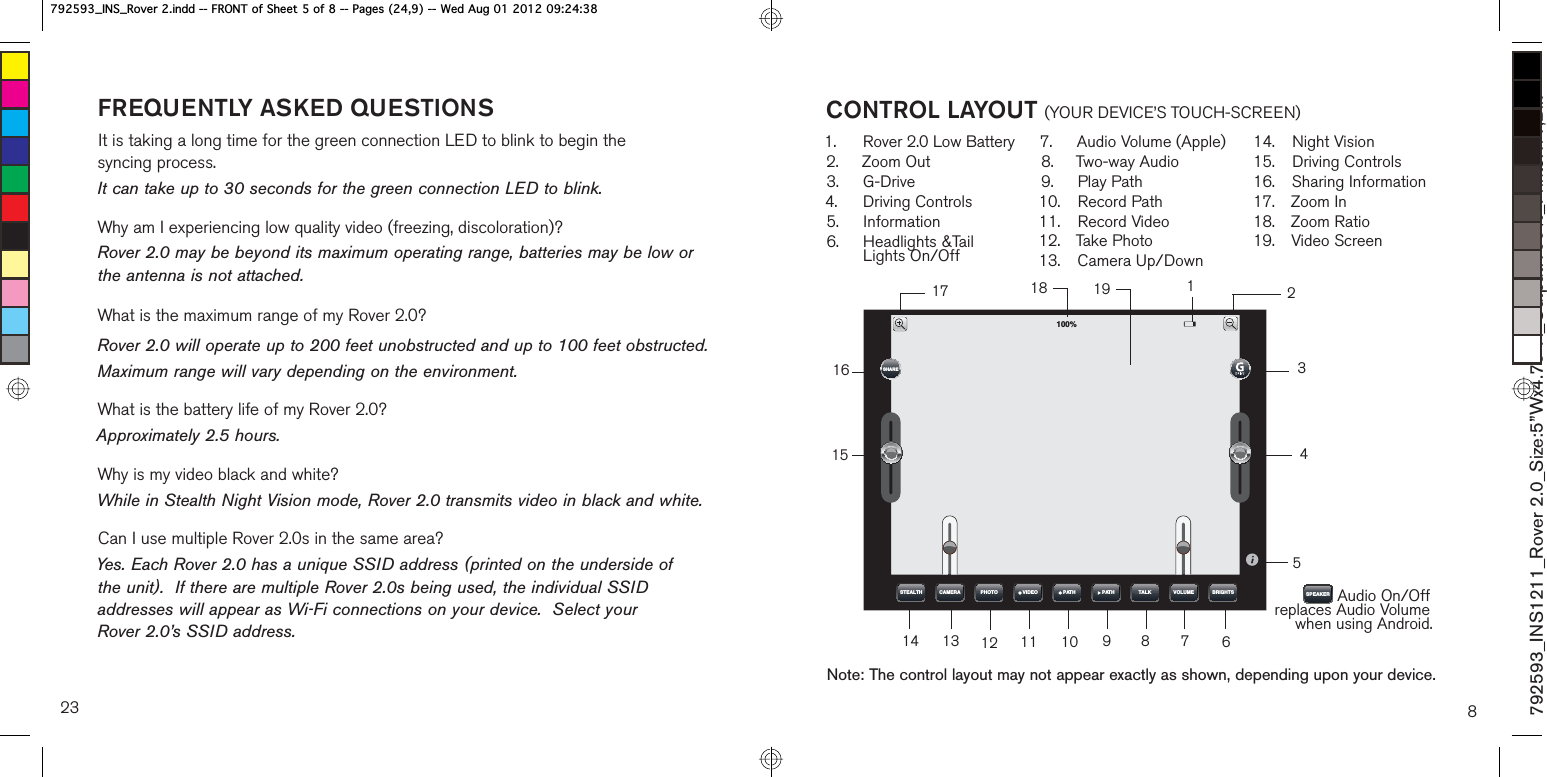 23FREQUENTLY ASKED QUESTIONSIt is taking a long time for the green connection LED to blink to begin the  syncing process.It can take up to 30 seconds for the green connection LED to blink.Why am I experiencing low quality video (freezing, discoloration)?Rover 2.0 may be beyond its maximum operating range, batteries may be low or the antenna is not attached.What is the maximum range of my Rover 2.0?Rover 2.0 will operate up to 200 feet unobstructed and up to 100 feet obstructed.Maximum range will vary depending on the environment.What is the battery life of my Rover 2.0?Approximately 2.5 hours.Why is my video black and white?While in Stealth Night Vision mode, Rover 2.0 transmits video in black and white.Can I use multiple Rover 2.0s in the same area?Yes. Each Rover 2.0 has a unique SSID address (printed on the underside of  the unit).  If there are multiple Rover 2.0s being used, the individual SSID addresses will appear as Wi-Fi connections on your device.  Select your  Rover 2.0’s SSID address.67($/7+ &amp;$0(5$ 3+272 7$/. 92/80( %5,*+763$7+9,&apos;(2 3$7+6+$5(8CONTROL LAYOUT (YOUR DEVICE’S TOUCH-SCREEN)1.  Rover 2.0 Low Battery2. Zoom Out3. G-Drive4. Driving Controls5. Information6.  Headlights &amp;Tail Lights On/Off7.  Audio Volume (Apple)8. Two-way Audio9. Play Path10. Record Path11. Record Video12. Take Photo13. Camera Up/Down14. Night Vision15. Driving Controls16. Sharing Information17. Zoom In18. Zoom Ratio19. Video Screen1712 11 10 6518415Note: The control layout may not appear exactly as shown, depending upon your device.216789131431792593_INS1211_Rover 2.0_Size:5”Wx4.75”H_Output:100%_Prints:1/1,Blk  63($.(5  Audio On/Off replaces Audio Volume when using Android.19B,16B5RYHULQGG)5217RI6KHHWRI3DJHV:HG$XJB,16B5RYHULQGG)5217RI6KHHWRI3DJHV:HG$XJ