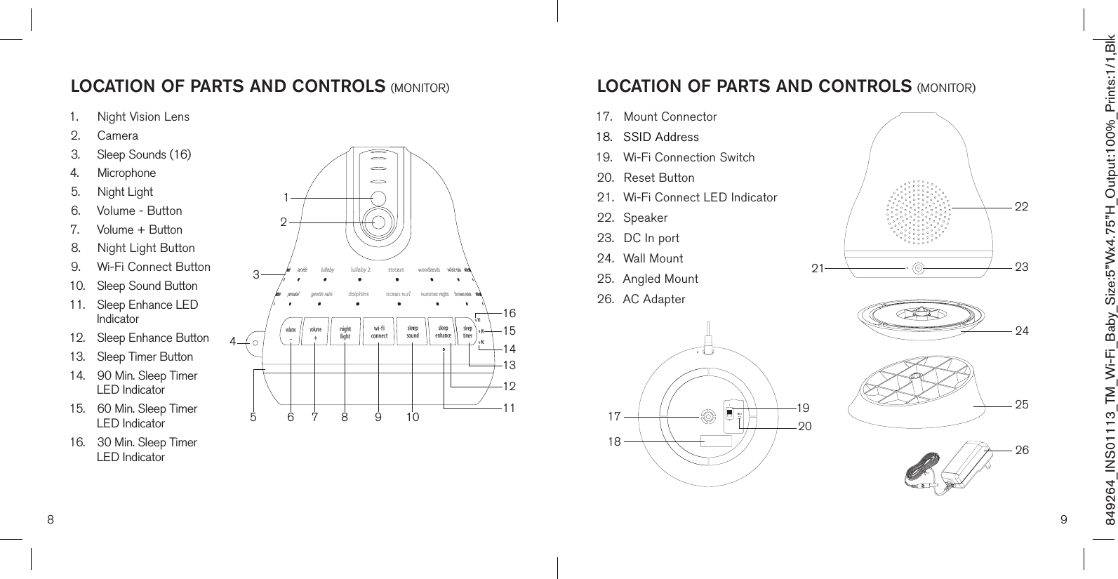 17.  Mount Connector18.  SSID Address19.  Wi-Fi Connection Switch20.  Reset Button21.  Wi-Fi Connect LED Indicator22.  Speaker23.  DC In port24.  Wall Mount25.  Angled Mount26.  AC Adapter8 9LOCATION OF PARTS AND CONTROLS (MONITOR)1.  Night Vision Lens2.  Camera3.  Sleep Sounds (16)4.  Microphone5.  Night Light6.  Volume - Button7.  Volume + Button8.  Night Light Button9.  Wi-Fi Connect Button10.  Sleep Sound Button11.  Sleep Enhance LED    Indicator12.  Sleep Enhance Button13.  Sleep Timer Button14.  90 Min. Sleep Timer    LED Indicator15.  60 Min. Sleep Timer    LED Indicator16.  30 Min. Sleep Timer    LED Indicator849264_INS01113_TM_Wi-Fi_Baby_Size:5”Wx4.75”H_Output:100%_Prints:1/1,Blk LOCATION OF PARTS AND CONTROLS (MONITOR)1817 20191221222324252615141331246 75 1112108 916