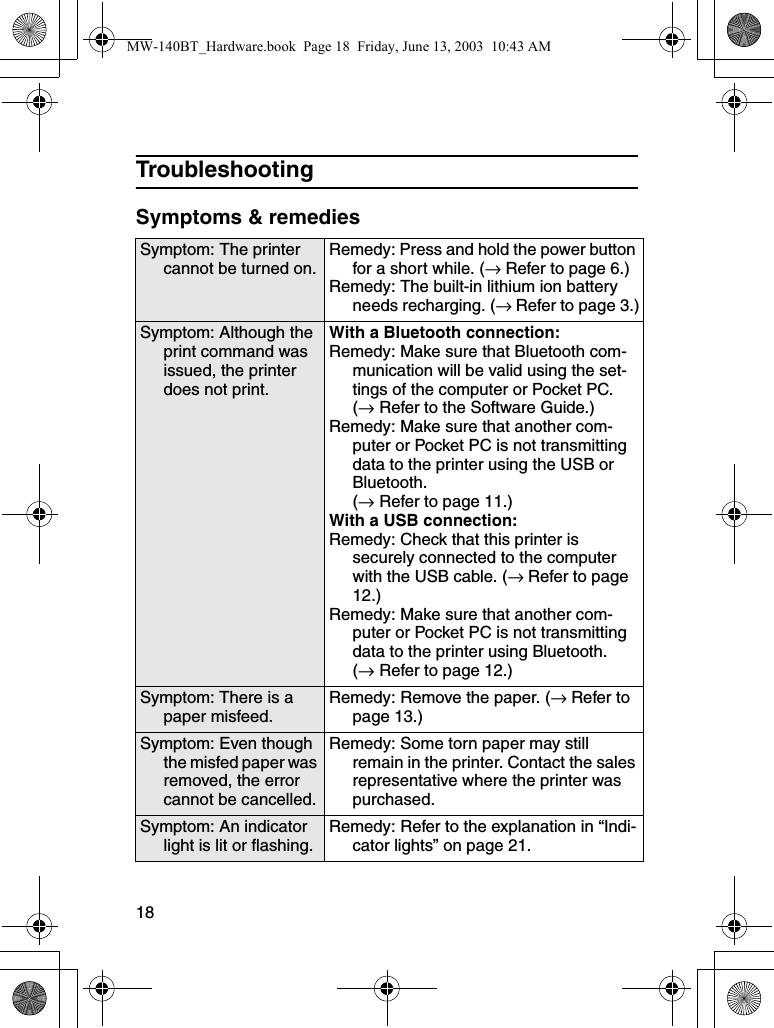 18TroubleshootingSymptoms &amp; remediesSymptom: The printer cannot be turned on.Remedy: Press and hold the power button for a short while. (→ Refer to page 6.)Remedy: The built-in lithium ion battery needs recharging. (→ Refer to page 3.)Symptom: Although the print command was issued, the printer does not print.With a Bluetooth connection:Remedy: Make sure that Bluetooth com-munication will be valid using the set-tings of the computer or Pocket PC.(→ Refer to the Software Guide.)Remedy: Make sure that another com-puter or Pocket PC is not transmitting data to the printer using the USB or Bluetooth. (→ Refer to page 11.)With a USB connection:Remedy: Check that this printer is securely connected to the computer with the USB cable. (→ Refer to page 12.)Remedy: Make sure that another com-puter or Pocket PC is not transmitting data to the printer using Bluetooth. (→ Refer to page 12.)Symptom: There is a paper misfeed.Remedy: Remove the paper. (→ Refer to page 13.)Symptom: Even though the misfed paper was removed, the error cannot be cancelled.Remedy: Some torn paper may still remain in the printer. Contact the sales representative where the printer was purchased.Symptom: An indicator light is lit or flashing.Remedy: Refer to the explanation in “Indi-cator lights” on page 21.MW-140BT_Hardware.book  Page 18  Friday, June 13, 2003  10:43 AM