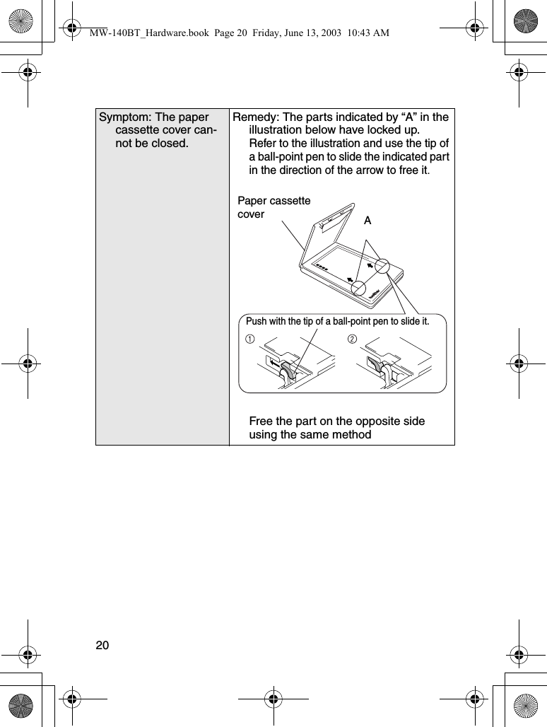 20Symptom: The paper cassette cover can-not be closed.Remedy: The parts indicated by “A” in the illustration below have locked up.Refer to the illustration and use the tip of a ball-point pen to slide the indicated part in the direction of the arrow to free it.Free the part on the opposite side using the same methodPaper cassette cover APush with the tip of a ball-point pen to slide it.MW-140BT_Hardware.book  Page 20  Friday, June 13, 2003  10:43 AM