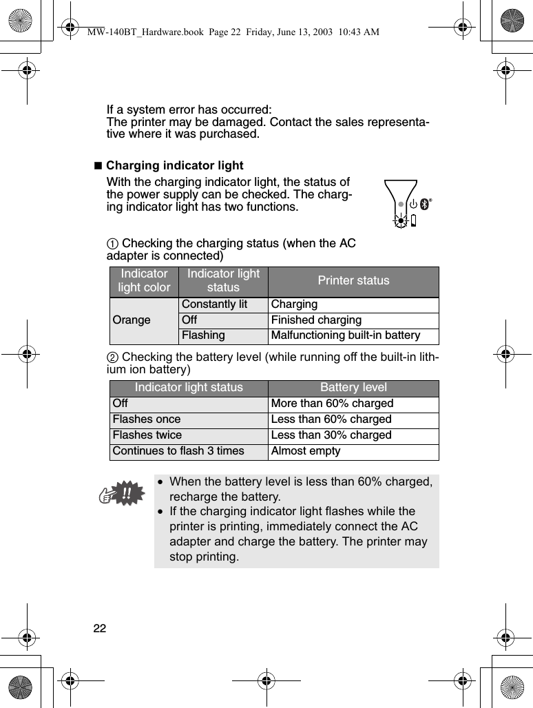 22If a system error has occurred:The printer may be damaged. Contact the sales representa-tive where it was purchased. Charging indicator lightWith the charging indicator light, the status of the power supply can be checked. The charg-ing indicator light has two functions.1 Checking the charging status (when the AC adapter is connected)2 Checking the battery level (while running off the built-in lith-ium ion battery)Indicator light colorIndicator light status Printer statusOrangeConstantly lit ChargingOff Finished chargingFlashing Malfunctioning built-in batteryIndicator light status Battery levelOff More than 60% chargedFlashes once Less than 60% chargedFlashes twice Less than 30% chargedContinues to flash 3 times Almost empty•When the battery level is less than 60% charged, recharge the battery.•If the charging indicator light flashes while the printer is printing, immediately connect the AC adapter and charge the battery. The printer may stop printing.MW-140BT_Hardware.book  Page 22  Friday, June 13, 2003  10:43 AM