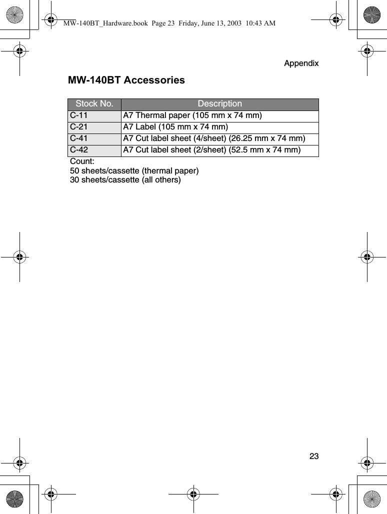 Appendix  23MW-140BT AccessoriesStock No. DescriptionC-11 A7 Thermal paper (105 mm x 74 mm)C-21 A7 Label (105 mm x 74 mm)C-41 A7 Cut label sheet (4/sheet) (26.25 mm x 74 mm)C-42 A7 Cut label sheet (2/sheet) (52.5 mm x 74 mm)Count: 50 sheets/cassette (thermal paper)30 sheets/cassette (all others)MW-140BT_Hardware.book  Page 23  Friday, June 13, 2003  10:43 AM