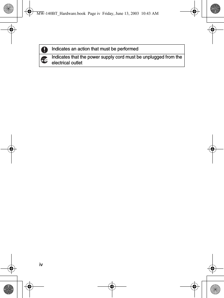 ivIndicates an action that must be performedIndicates that the power supply cord must be unplugged from theelectrical outletMW-140BT_Hardware.book  Page iv  Friday, June 13, 2003  10:43 AM