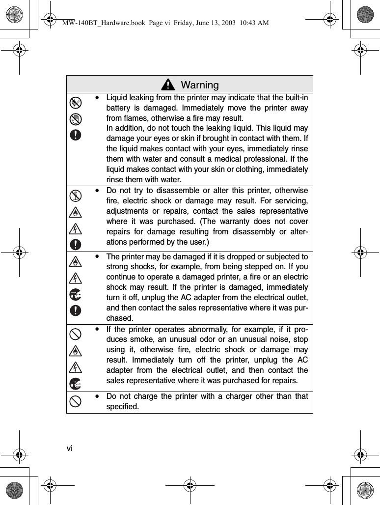 viyLiquid leaking from the printer may indicate that the built-inbattery is damaged. Immediately move the printer awayfrom flames, otherwise a fire may result.In addition, do not touch the leaking liquid. This liquid maydamage your eyes or skin if brought in contact with them. Ifthe liquid makes contact with your eyes, immediately rinsethem with water and consult a medical professional. If theliquid makes contact with your skin or clothing, immediatelyrinse them with water.yDo not try to disassemble or alter this printer, otherwisefire, electric shock or damage may result. For servicing,adjustments or repairs, contact the sales representativewhere it was purchased. (The warranty does not coverrepairs for damage resulting from disassembly or alter-ations performed by the user.)yThe printer may be damaged if it is dropped or subjected tostrong shocks, for example, from being stepped on. If youcontinue to operate a damaged printer, a fire or an electricshock may result. If the printer is damaged, immediatelyturn it off, unplug the AC adapter from the electrical outlet,and then contact the sales representative where it was pur-chased.yIf the printer operates abnormally, for example, if it pro-duces smoke, an unusual odor or an unusual noise, stopusing it, otherwise fire, electric shock or damage mayresult. Immediately turn off the printer, unplug the ACadapter from the electrical outlet, and then contact thesales representative where it was purchased for repairs.yDo not charge the printer with a charger other than thatspecified. WarningMW-140BT_Hardware.book  Page vi  Friday, June 13, 2003  10:43 AM