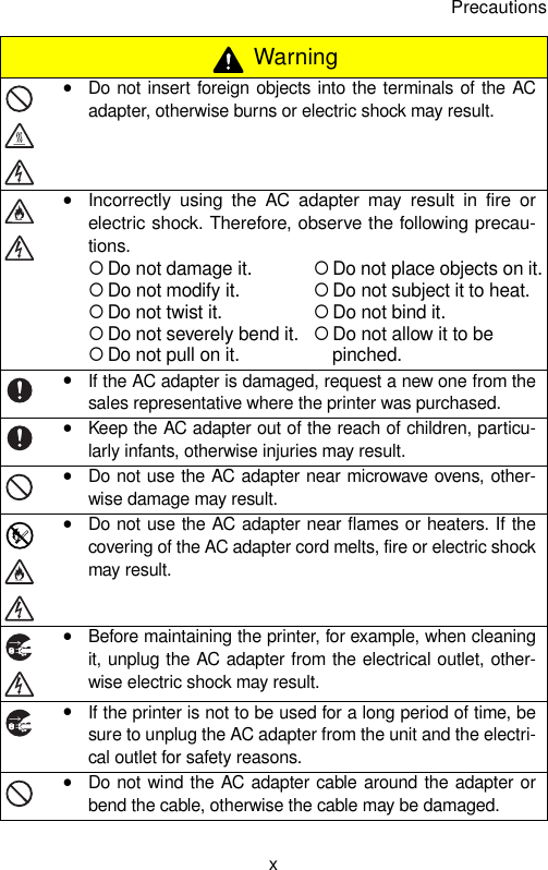 PrecautionsxyDo not insert foreign objects into the terminals of the ACadapter, otherwise burns or electric shock may result.yIncorrectly using the AC adapter may result in fire orelectric shock. Therefore, observe the following precau-tions.{Do not damage it.{Do not place objects on it.{Do not modify it.{Do not subject it to heat.{Do not twist it.{Do not bind it.{Do not severely bend it.{Do not allow it to be {Do not pull on it. pinched.yIf the AC adapter is damaged, request a new one from thesales representative where the printer was purchased.yKeep the AC adapter out of the reach of children, particu-larly infants, otherwise injuries may result.yDo not use the AC adapter near microwave ovens, other-wise damage may result.yDo not use the AC adapter near flames or heaters. If thecovering of the AC adapter cord melts, fire or electric shockmay result.yBefore maintaining the printer, for example, when cleaningit, unplug the AC adapter from the electrical outlet, other-wise electric shock may result.yIf the printer is not to be used for a long period of time, besure to unplug the AC adapter from the unit and the electri-cal outlet for safety reasons.yDo not wind the AC adapter cable around the adapter orbend the cable, otherwise the cable may be damaged. Warning