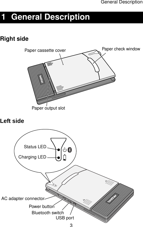 General Description3Right sideLeft side1 General DescriptionPaper cassette coverPaper check windowPaper output slotStatus LEDCharging LEDUSB portAC adapter connectorBluetooth switchPower button