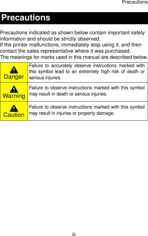 PrecautionsiiiPrecautions indicated as shown below contain important safety information and should be strictly observed.If the printer malfunctions, immediately stop using it, and then contact the sales representative where it was purchased.The meanings for marks used in this manual are described below.PrecautionsDangerFailure to accurately observe instructions marked withthis symbol lead to an extremely high risk of death orserious injuries. WarningFailure to observe instructions marked with this symbolmay result in death or serious injuries.CautionFailure to observe instructions marked with this symbolmay result in injuries or property damage.