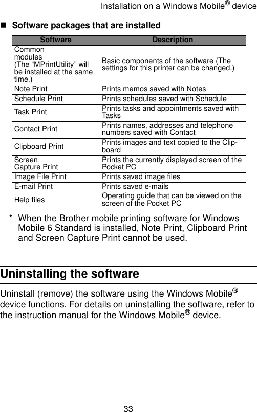 Installation on a Windows Mobile® device33Software packages that are installed* When the Brother mobile printing software for Windows Mobile 6 Standard is installed, Note Print, Clipboard Print and Screen Capture Print cannot be used.Uninstalling the softwareUninstall (remove) the software using the Windows Mobile® device functions. For details on uninstalling the software, refer to the instruction manual for the Windows Mobile® device.Software DescriptionCommon modules(The “MPrintUtility” will be installed at the same time.)Basic components of the software (The settings for this printer can be changed.)Note Print Prints memos saved with NotesSchedule Print Prints schedules saved with ScheduleTask Print Prints tasks and appointments saved with TasksContact Print Prints names, addresses and telephone numbers saved with ContactClipboard Print Prints images and text copied to the Clip-boardScreen Capture Print Prints the currently displayed screen of the Pocket PCImage File Print Prints saved image filesE-mail Print Prints saved e-mailsHelp files Operating guide that can be viewed on the screen of the Pocket PC