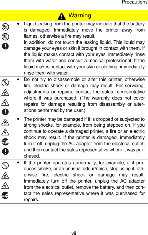 PrecautionsviiyLiquid leaking from the printer may indicate that the batteryis damaged. Immediately move the printer away fromflames, otherwise a fire may result.In addition, do not touch the leaking liquid. This liquid maydamage your eyes or skin if brought in contact with them. Ifthe liquid makes contact with your eyes, immediately rinsethem with water and consult a medical professional. If theliquid makes contact with your skin or clothing, immediatelyrinse them with water.yDo not try to disassemble or alter this printer, otherwisefire, electric shock or damage may result. For servicing,adjustments or repairs, contact the sales representativewhere it was purchased. (The warranty does not coverrepairs for damage resulting from disassembly or alter-ations performed by the user.)yThe printer may be damaged if it is dropped or subjected tostrong shocks, for example, from being stepped on. If youcontinue to operate a damaged printer, a fire or an electricshock may result. If the printer is damaged, immediatelyturn it off, unplug the AC adapter from the electrical outlet,and then contact the sales representative where it was pur-chased.yIf the printer operates abnormally, for example, if it pro-duces smoke, or an unusual odour/noise, stop using it, oth-erwise fire, electric shock or damage may result.Immediately turn off the printer, unplug the AC adapterfrom the electrical outlet, remove the battery, and then con-tact the sales representative where it was purchased forrepairs. Warning