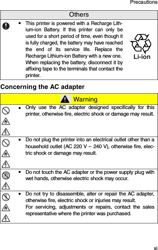 Precautions  xiConcerning the AC adapteryThis printer is powered with a Recharge Lith-ium-ion Battery. If this printer can only beused for a short period of time, even though itis fully charged, the battery may have reachedthe end of its service life. Replace theRecharge Lithium-ion Battery with a new one.When replacing the battery, disconnect it byaffixing tape to the terminals that contact theprinter. WarningyOnly use the AC adapter designed specifically for thisprinter, otherwise fire, electric shock or damage may result.yDo not plug the printer into an electrical outlet other than ahousehold outlet (AC 220 V – 240 V), otherwise fire, elec-tric shock or damage may result.yDo not touch the AC adapter or the power supply plug withwet hands, otherwise electric shock may occur.yDo not try to disassemble, alter or repair the AC adapter,otherwise fire, electric shock or injuries may result.For servicing, adjustments or repairs, contact the salesrepresentative where the printer was purchased.OthersLi-ion