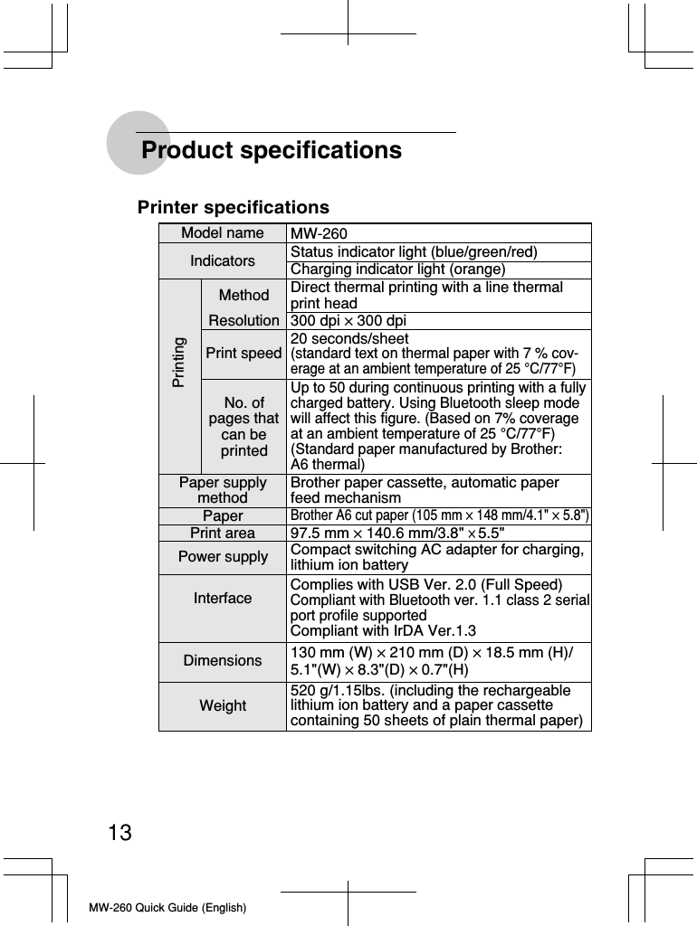 MW-260 Quick Guide (English)13Printer specificationsProduct specificationsIndicatorsModel nameStatus indicator light (blue/green/red)MW-260Charging indicator light (orange)PrintingMethod Direct thermal printing with a line thermal print head Resolution 300 dpi ✕ 300 dpiPrint speed20 seconds/sheet(standard text on thermal paper with 7 % cov- erage at an ambient temperature of 25 °C/77°F)No. of pages that can be printedPaper supply methodBrother paper cassette, automatic paper  feed mechanismPaperBrother A6 cut paper (105 mm ✕ 148 mm/4.1&quot; ✕ 5.8&quot;)Print area 97.5 mm ✕ 140.6 mm/3.8&quot; ✕ 5.5&quot;Power supplyCompact switching AC adapter for charging,  lithium ion batteryInterfaceDimensions 130 mm (W) ✕ 210 mm (D) ✕ 18.5 mm (H)/5.1&quot;(W) ✕ 8.3&quot;(D) ✕ 0.7&quot;(H)Weight520 g/1.15lbs. (including the rechargeable lithium ion battery and a paper cassette containing 50 sheets of plain thermal paper)Complies with USB Ver. 2.0 (Full Speed) Compliant with Bluetooth ver. 1.1 class 2 serial port profile supportedCompliant with IrDA Ver.1.3Up to 50 during continuous printing with a fully  charged battery. Using Bluetooth sleep mode will affect this figure. (Based on 7% coverage at an ambient temperature of 25 °C/77°F) (Standard paper manufactured by Brother: A6 thermal)