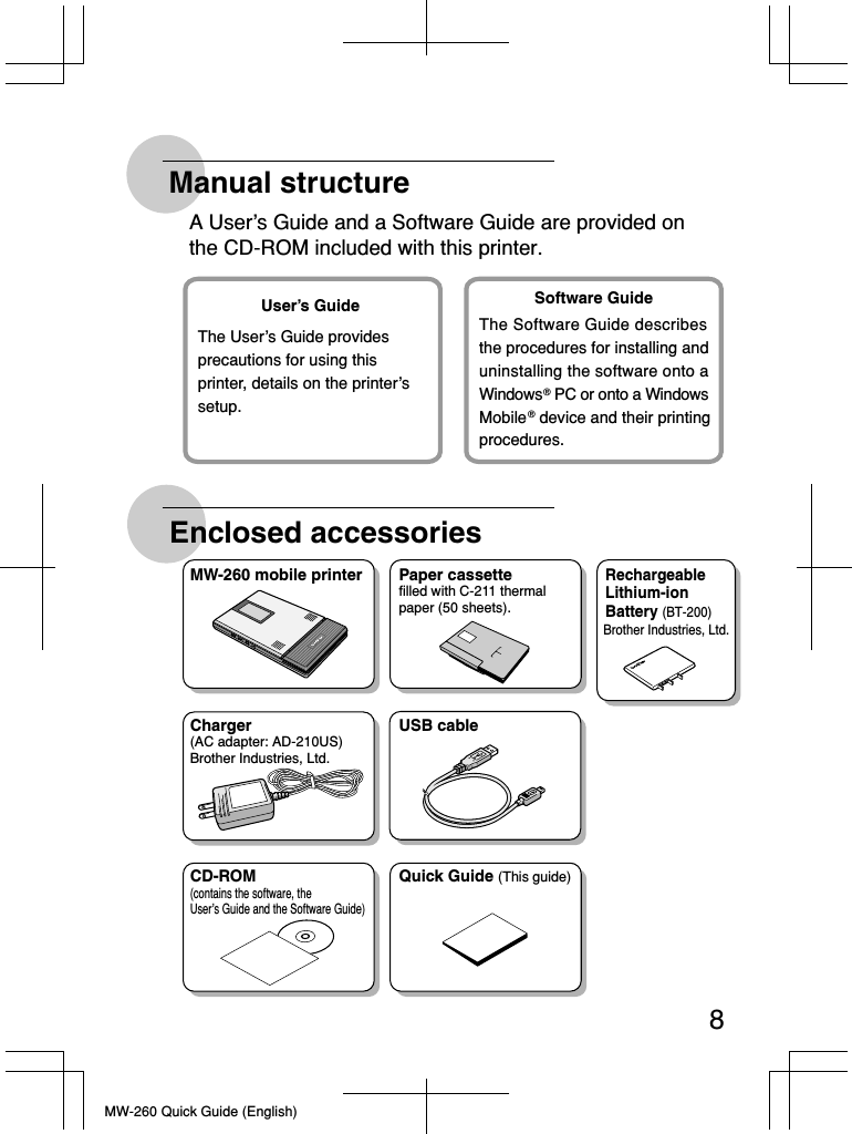 MW-260 Quick Guide (English)Manual structureEnclosed accessoriesA User’s Guide and a Software Guide are provided on the CD-ROM included with this printer.User’s Guide The User’s Guide provides precautions for using this printer, details on the printer’s setup.Software GuideThe Software Guide describesthe procedures for installing anduninstalling the software onto a Windows ® PC or onto a Windows Mobile ® device and their printingprocedures.   MW-260 mobile printer Paper cassettefilled with C-211 thermal paper (50 sheets).Charger (AC adapter: AD-210US)Brother Industries, Ltd.CD-ROM  (contains the software, the User’s Guide and the Software Guide)Quick Guide (This guide) USB cableRechargeable Lithium-ion Battery(BT-200)Brother Industries, Ltd.8