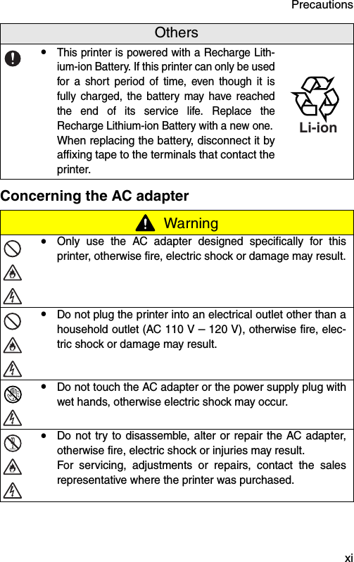 Precautions  xiConcerning the AC adapter!This printer is powered with a Recharge Lith-ium-ion Battery. If this printer can only be usedfor a short period of time, even though it isfully charged, the battery may have reachedthe end of its service life. Replace theRecharge Lithium-ion Battery with a new one.When replacing the battery, disconnect it byaffixing tape to the terminals that contact theprinter. Warning!Only use the AC adapter designed specifically for thisprinter, otherwise fire, electric shock or damage may result.!Do not plug the printer into an electrical outlet other than ahousehold outlet (AC 110 V – 120 V), otherwise fire, elec-tric shock or damage may result.!Do not touch the AC adapter or the power supply plug withwet hands, otherwise electric shock may occur.!Do not try to disassemble, alter or repair the AC adapter,otherwise fire, electric shock or injuries may result.For servicing, adjustments or repairs, contact the salesrepresentative where the printer was purchased.OthersLi-ion