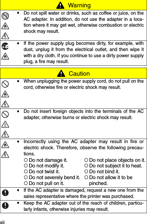 xii!Do not spill water or drinks, such as coffee or juice, on theAC adapter. In addition, do not use the adapter in a loca-tion where it may get wet, otherwise combustion or electricshock may result.!If the power supply plug becomes dirty, for example, withdust, unplug it from the electrical outlet, and then wipe itwith a dry cloth. If you continue to use a dirty power supplyplug, a fire may result. Caution!When unplugging the power supply cord, do not pull on thecord, otherwise fire or electric shock may result.!Do not insert foreign objects into the terminals of the ACadapter, otherwise burns or electric shock may result.!Incorrectly using the AC adapter may result in fire orelectric shock. Therefore, observe the following precau-tions.!Do not damage it.!Do not place objects on it.!Do not modify it.!Do not subject it to heat.!Do not twist it.!Do not bind it.!Do not severely bend it.!Do not allow it to be !Do not pull on it. pinched.!If the AC adapter is damaged, request a new one from thesales representative where the printer was purchased.!Keep the AC adapter out of the reach of children, particu-larly infants, otherwise injuries may result. Warning