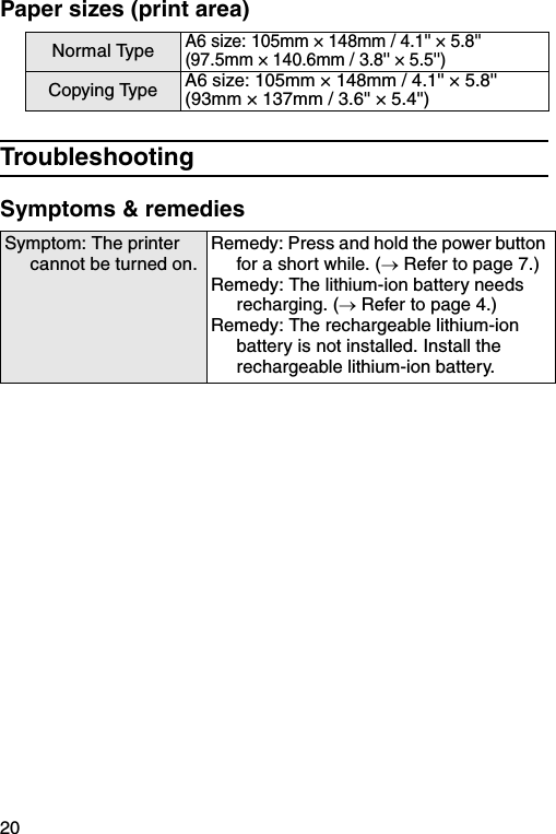 20Paper sizes (print area)TroubleshootingSymptoms &amp; remediesNormal TypeA6 size: 105mm × 148mm / 4.1&apos;&apos; × 5.8&apos;&apos;(97.5mm × 140.6mm / 3.8&apos;&apos; × 5.5&apos;&apos;)Copying Type A6 size: 105mm × 148mm / 4.1&apos;&apos; × 5.8&apos;&apos;(93mm × 137mm / 3.6&apos;&apos; × 5.4&apos;&apos;)Symptom: The printer cannot be turned on.Remedy: Press and hold the power button for a short while. (→ Refer to page 7.)Remedy: The lithium-ion battery needs recharging. (→ Refer to page 4.)Remedy: The rechargeable lithium-ion battery is not installed. Install the rechargeable lithium-ion battery.