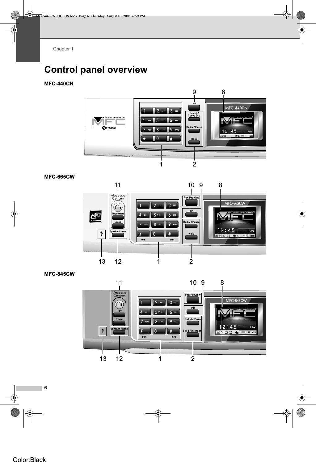 Chapter 16Control panel overview 1MFC-440CN 1MFC-665CW 1MFC-845CW 112981213 1 211 10 9 812 1 211 10 9 813MFC-440CN_UG_US.book  Page 6  Thursday, August 10, 2006  6:59 PMColor:Black