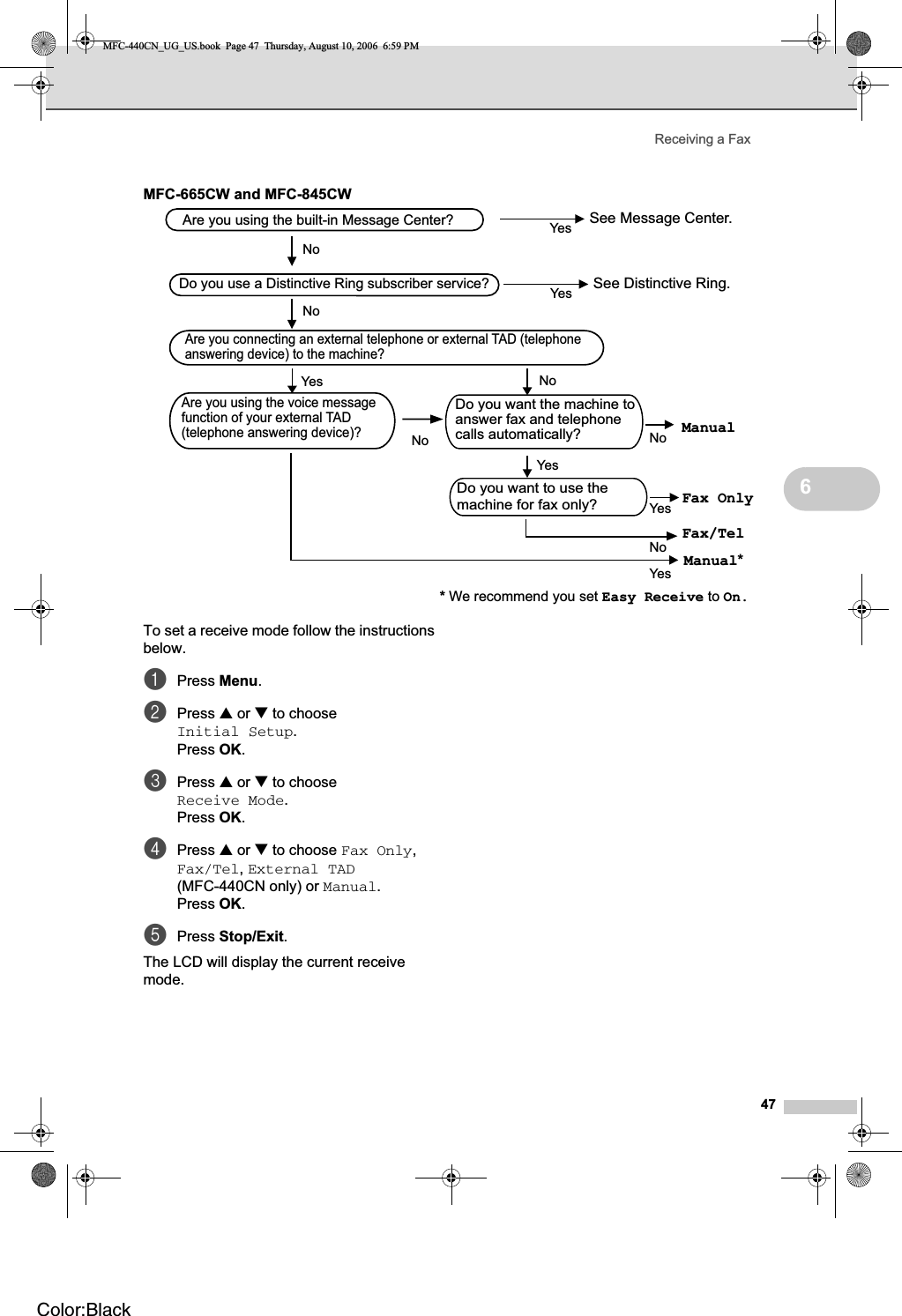 Receiving a Fax476MFC-665CW and MFC-845CW  6To set a receive mode follow the instructions below.aPress Menu.bPress a or b to choose Initial Setup.Press OK.cPress a or b to choose Receive Mode.Press OK.dPress a or b to choose Fax Only,Fax/Tel,External TAD(MFC-440CN only) or Manual.Press OK.ePress Stop/Exit.The LCD will display the current receive mode.Do you use a Distinctive Ring subscriber service?YesYesSee Distinctive Ring.Fax OnlyNoYesNoNoNoYesManualYesNoFax/TelAre you connecting an external telephone or external TAD (telephone answering device) to the machine?Do you want the machine to answer fax and telephone calls automatically?Are you using the voice message function of your external TAD  (telephone answering device)?Do you want to use themachine for fax only?Are you using the built-in Message Center? See Message Center.NoYesManual**We recommend you set Easy Receive to On.MFC-440CN_UG_US.book  Page 47  Thursday, August 10, 2006  6:59 PMColor:Black