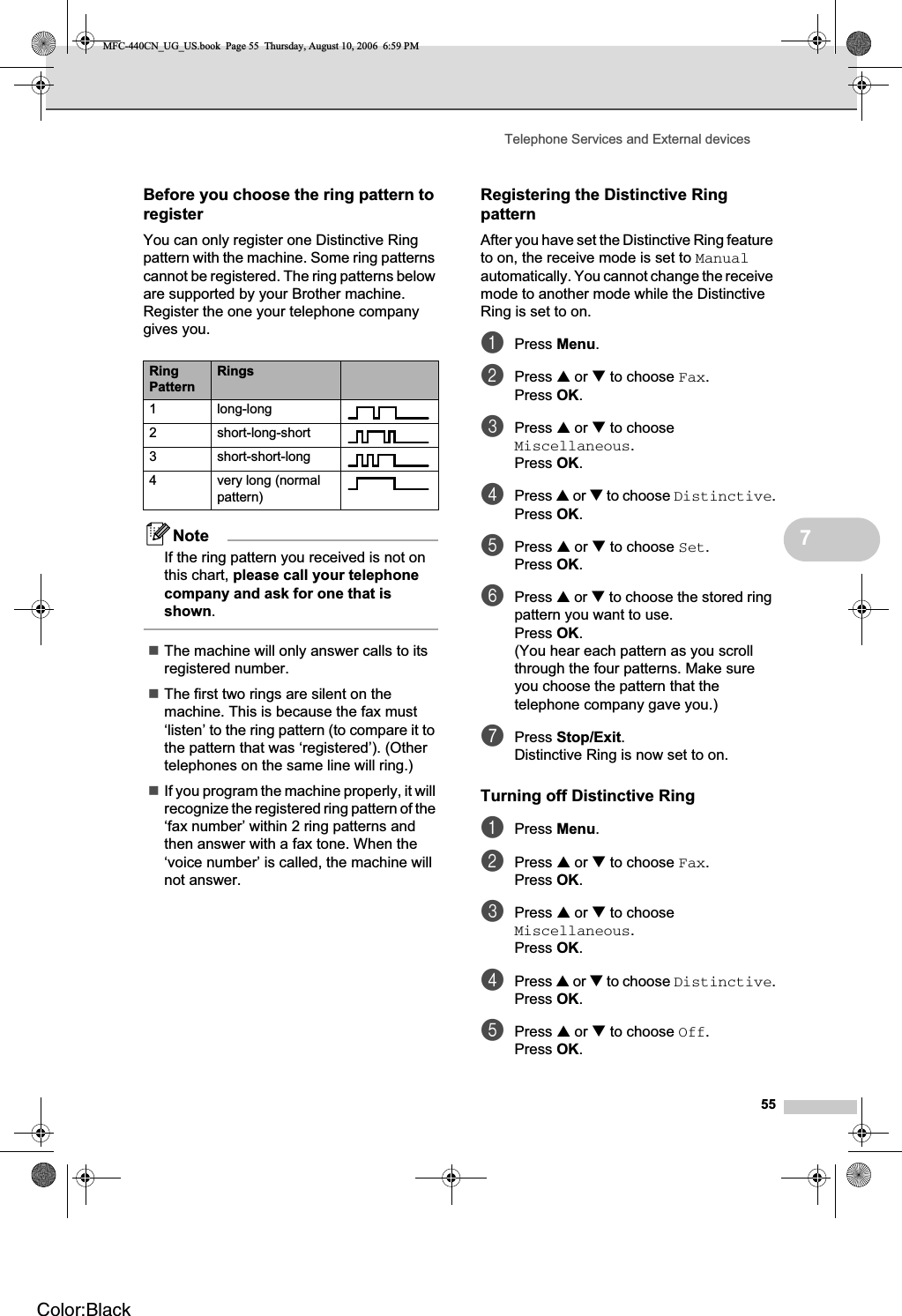 Telephone Services and External devices557Before you choose the ring pattern to register 7You can only register one Distinctive Ring pattern with the machine. Some ring patterns cannot be registered. The ring patterns below are supported by your Brother machine. Register the one your telephone company gives you.NoteIf the ring pattern you received is not on this chart, please call your telephone company and ask for one that is shown.The machine will only answer calls to its registered number.The first two rings are silent on the machine. This is because the fax must ‘listen’ to the ring pattern (to compare it to the pattern that was ‘registered’). (Other telephones on the same line will ring.)If you program the machine properly, it will recognize the registered ring pattern of the ‘fax number’ within 2 ring patterns and then answer with a fax tone. When the ‘voice number’ is called, the machine will not answer.Registering the Distinctive Ring pattern 7After you have set the Distinctive Ring feature to on, the receive mode is set to Manualautomatically. You cannot change the receive mode to another mode while the Distinctive Ring is set to on.aPress Menu.bPress a or b to choose Fax.Press OK.cPress a or b to choose Miscellaneous.Press OK.dPress a or b to choose Distinctive.Press OK.ePress a or b to choose Set.Press OK.fPress a or b to choose the stored ring pattern you want to use.Press OK.(You hear each pattern as you scroll through the four patterns. Make sure you choose the pattern that the telephone company gave you.)gPress Stop/Exit.Distinctive Ring is now set to on.Turning off Distinctive Ring 7aPress Menu.bPress a or b to choose Fax.Press OK.cPress a or b to choose Miscellaneous.Press OK.dPress a or b to choose Distinctive.Press OK.ePress a or b to choose Off.Press OK.RingPatternRings1 long-long2 short-long-short3 short-short-long4 very long (normal pattern)MFC-440CN_UG_US.book  Page 55  Thursday, August 10, 2006  6:59 PMColor:Black