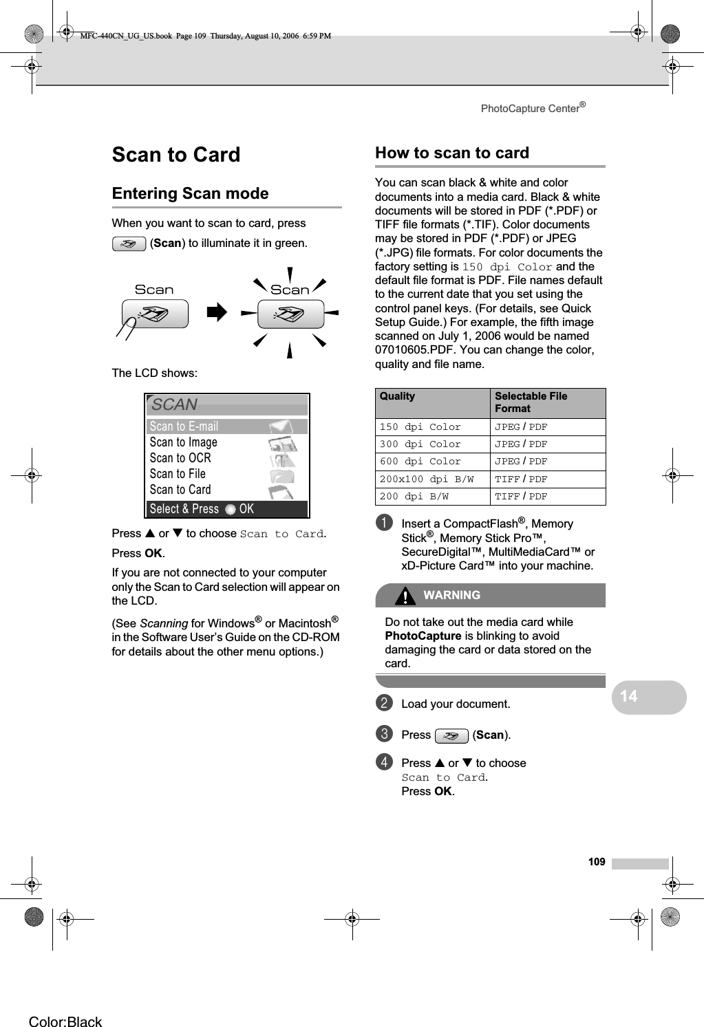 PhotoCapture Center®10914Scan to Card  14Entering Scan mode 14When you want to scan to card, press (Scan) to illuminate it in green.The LCD shows:Press a or b to choose Scan to Card.Press OK.If you are not connected to your computer only the Scan to Card selection will appear on the LCD.(See Scanning for Windows® or Macintosh®in the Software User’s Guide on the CD-ROM for details about the other menu options.)How to scan to card 14You can scan black &amp; white and color documents into a media card. Black &amp; white documents will be stored in PDF (*.PDF) or TIFF file formats (*.TIF). Color documents may be stored in PDF (*.PDF) or JPEG (*.JPG) file formats. For color documents the factory setting is 150 dpi Color and the default file format is PDF. File names default to the current date that you set using the control panel keys. (For details, see Quick Setup Guide.) For example, the fifth image scanned on July 1, 2006 would be named 07010605.PDF. You can change the color, quality and file name. aInsert a CompactFlash®, Memory Stick®, Memory Stick Pro™, SecureDigital™, MultiMediaCard™ or xD-Picture Card™ into your machine.WARNINGDo not take out the media card while PhotoCapture is blinking to avoid damaging the card or data stored on the card.bLoad your document.cPress (Scan).dPress a or b to choose Scan to Card.Press OK.SCANScan to E-mailScan to ImageScan to OCRScan to FileScan to CardOKSelect &amp; PressQuality Selectable File Format150 dpi Color JPEG / PDF300 dpi Color JPEG / PDF600 dpi Color JPEG / PDF200x100 dpi B/W TIFF / PDF200 dpi B/W TIFF / PDFMFC-440CN_UG_US.book  Page 109  Thursday, August 10, 2006  6:59 PMColor:Black