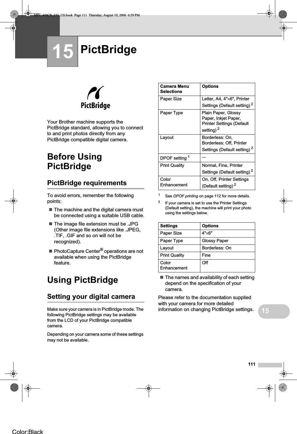 1111515Your Brother machine supports the PictBridge standard, allowing you to connect to and print photos directly from any PictBridge compatible digital camera.Before Using PictBridge 15PictBridge requirements 15To avoid errors, remember the following points:The machine and the digital camera must be connected using a suitable USB cable.The image file extension must be .JPG (Other image file extensions like .JPEG, .TIF, .GIF and so on will not be recognized).PhotoCapture Center® operations are not available when using the PictBridge feature.Using PictBridge 15Setting your digital camera 15Make sure your camera is in PictBridge mode. The following PictBridge settings may be available from the LCD of your PictBridge compatible camera.Depending on your camera some of these settings may not be available.1See DPOF printing on page 112 for more details.2If your camera is set to use the Printer Settings (Default setting), the machine will print your photo using the settings below.The names and availability of each setting depend on the specification of your camera.Please refer to the documentation supplied with your camera for more detailed information on changing PictBridge settings.PictBridge 15Camera Menu SelectionsOptionsPaper Size Letter, A4, 4&quot;×6&quot;, Printer Settings (Default setting) 2Paper Type Plain Paper, Glossy Paper, Inkjet Paper, Printer Settings (Default setting) 2Layout Borderless: On, Borderless: Off, Printer Settings (Default setting) 2DPOF setting 1 —Print Quality Normal, Fine, Printer Settings (Default setting) 2ColorEnhancementOn, Off, Printer Settings (Default setting) 2Settings OptionsPaper Size 4&quot;×6&quot;Paper Type Glossy PaperLayout Borderless: OnPrint Quality FineColorEnhancementOffMFC-440CN_UG_US.book  Page 111  Thursday, August 10, 2006  6:59 PMColor:Black