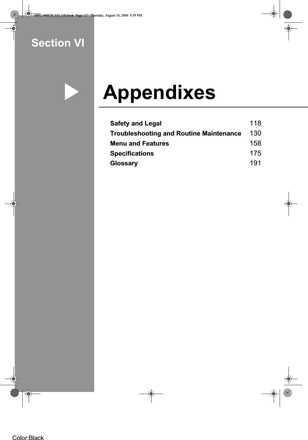 Section VIAppendixes VISafety and Legal 118Troubleshooting and Routine Maintenance 130Menu and Features 158Specifications 175Glossary 191MFC-440CN_UG_US.book  Page 117  Thursday, August 10, 2006  6:59 PMColor:Black