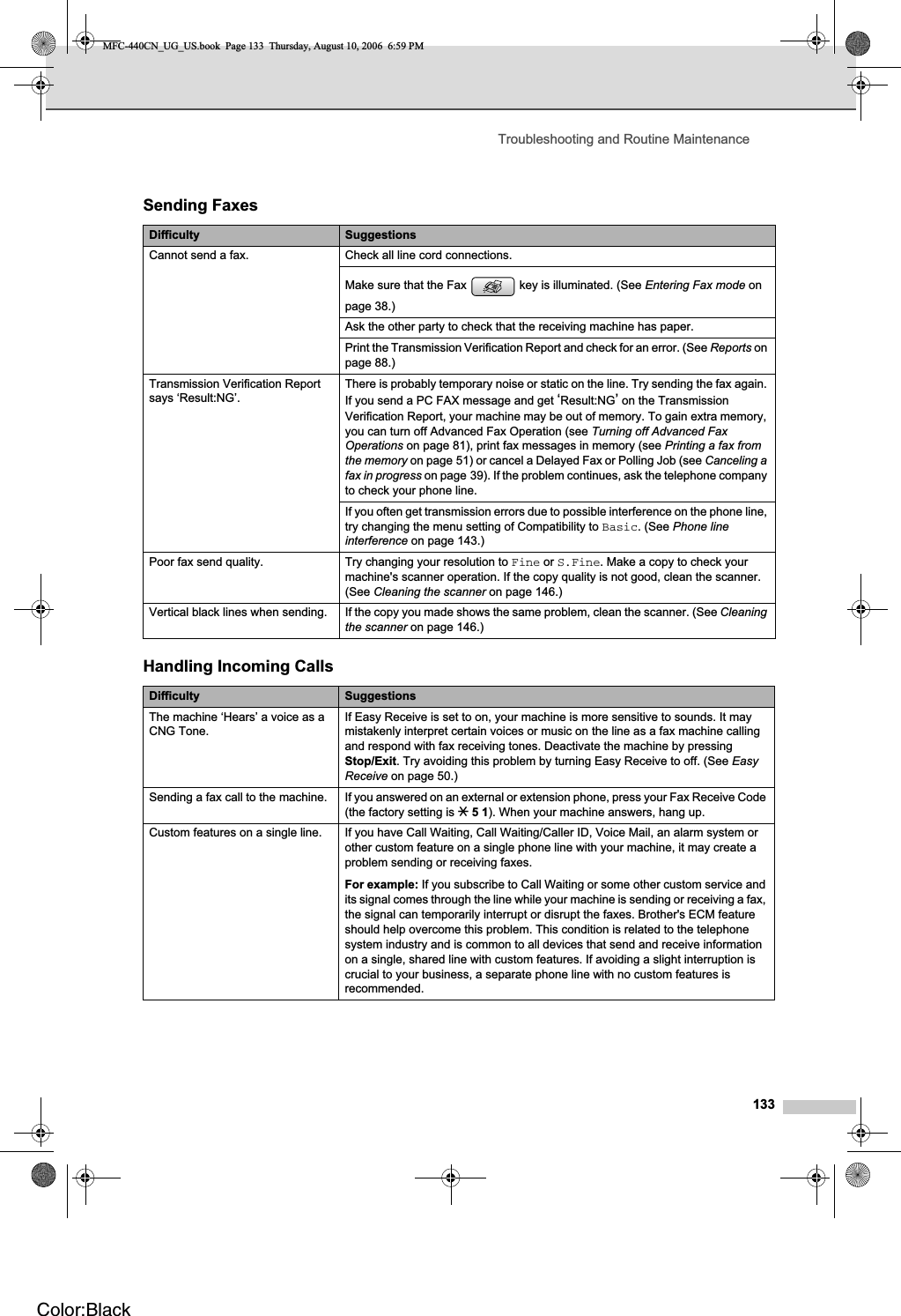 Troubleshooting and Routine Maintenance133Sending FaxesDifficulty SuggestionsCannot send a fax. Check all line cord connections.Make sure that the Fax   key is illuminated. (See Entering Fax mode on page 38.)Ask the other party to check that the receiving machine has paper.Print the Transmission Verification Report and check for an error. (See Reports on page 88.)Transmission Verification Report says ‘Result:NG’.There is probably temporary noise or static on the line. Try sending the fax again. If you send a PC FAX message and get ‘Result:NG’ on the Transmission Verification Report, your machine may be out of memory. To gain extra memory, you can turn off Advanced Fax Operation (see Turning off Advanced Fax Operations on page 81), print fax messages in memory (see Printing a fax from the memory on page 51) or cancel a Delayed Fax or Polling Job (see Canceling a fax in progress on page 39). If the problem continues, ask the telephone company to check your phone line.If you often get transmission errors due to possible interference on the phone line, try changing the menu setting of Compatibility to Basic. (See Phone line interference on page 143.)Poor fax send quality. Try changing your resolution to Fine or S.Fine. Make a copy to check your machine&apos;s scanner operation. If the copy quality is not good, clean the scanner. (See Cleaning the scanner on page 146.)Vertical black lines when sending. If the copy you made shows the same problem, clean the scanner. (See Cleaningthe scanner on page 146.)Handling Incoming CallsDifficulty SuggestionsThe machine ‘Hears’ a voice as a CNG Tone.If Easy Receive is set to on, your machine is more sensitive to sounds. It may mistakenly interpret certain voices or music on the line as a fax machine calling and respond with fax receiving tones. Deactivate the machine by pressing Stop/Exit. Try avoiding this problem by turning Easy Receive to off. (See EasyReceive on page 50.)Sending a fax call to the machine. If you answered on an external or extension phone, press your Fax Receive Code (the factory setting is l 5 1). When your machine answers, hang up.Custom features on a single line. If you have Call Waiting, Call Waiting/Caller ID, Voice Mail, an alarm system or other custom feature on a single phone line with your machine, it may create a problem sending or receiving faxes.For example: If you subscribe to Call Waiting or some other custom service and its signal comes through the line while your machine is sending or receiving a fax, the signal can temporarily interrupt or disrupt the faxes. Brother&apos;s ECM feature should help overcome this problem. This condition is related to the telephone system industry and is common to all devices that send and receive information on a single, shared line with custom features. If avoiding a slight interruption is crucial to your business, a separate phone line with no custom features is recommended.MFC-440CN_UG_US.book  Page 133  Thursday, August 10, 2006  6:59 PMColor:Black