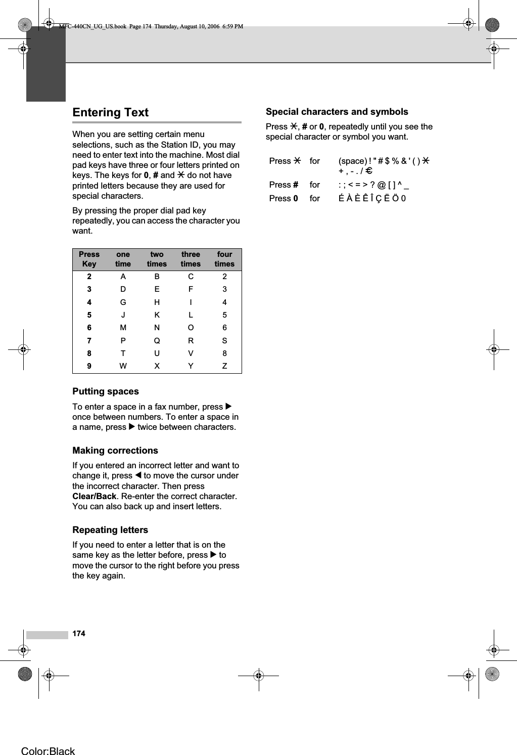 174Entering Text CWhen you are setting certain menu selections, such as the Station ID, you may need to enter text into the machine. Most dial pad keys have three or four letters printed on keys. The keys for 0,# and l do not have printed letters because they are used for special characters.By pressing the proper dial pad key repeatedly, you can access the character you want.Putting spaces CTo enter a space in a fax number, press conce between numbers. To enter a space in a name, press c twice between characters.Making corrections CIf you entered an incorrect letter and want to change it, press d to move the cursor under the incorrect character. Then press Clear/Back. Re-enter the correct character. You can also back up and insert letters.Repeating letters CIf you need to enter a letter that is on the same key as the letter before, press c to move the cursor to the right before you press the key again.Special characters and symbols  CPress l,# or 0, repeatedly until you see the special character or symbol you want.PressKeyonetimetwotimesthreetimesfour times2ABC23DEF34GH I 45JKL56MNO67PQRS8TUV89WX Y ZPress lfor (space) ! &quot; # $ % &amp; &apos; ( ) l+ , - . / mPress #for : ; &lt; = &gt; ? @ [ ] ^ _Press 0for É À È Ê Î Ç Ë Ö 0MFC-440CN_UG_US.book  Page 174  Thursday, August 10, 2006  6:59 PMColor:Black