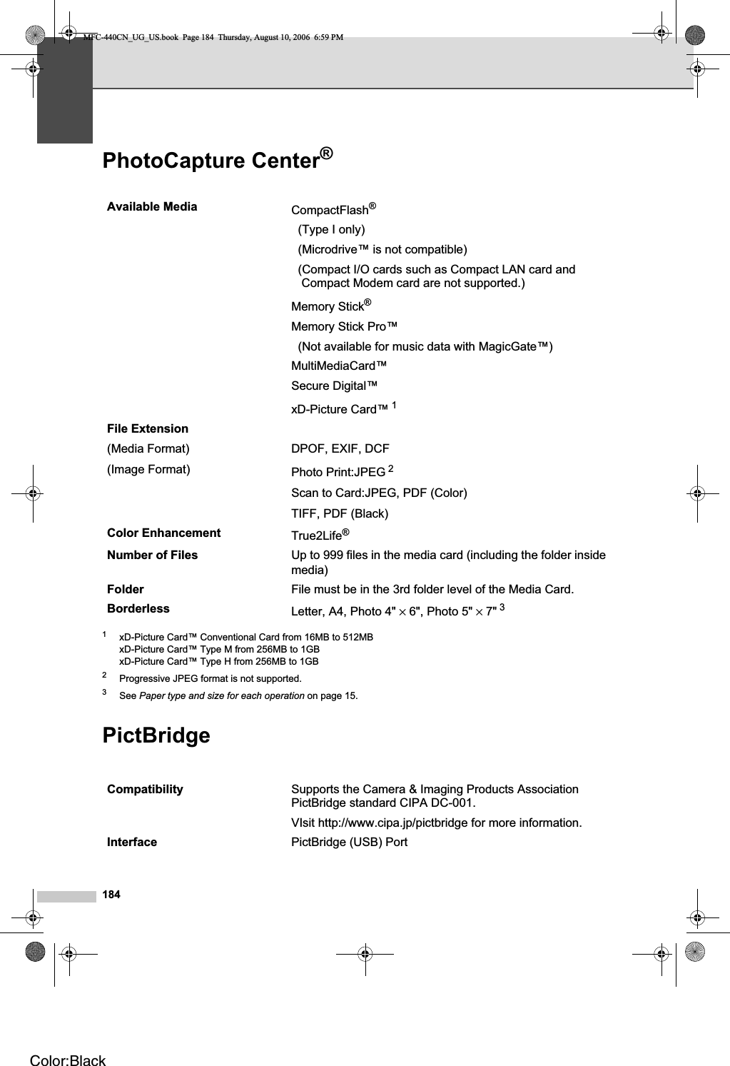 184PhotoCapture Center®D1xD-Picture Card™ Conventional Card from 16MB to 512MBxD-Picture Card™ Type M from 256MB to 1GBxD-Picture Card™ Type H from 256MB to 1GB2Progressive JPEG format is not supported.3See Paper type and size for each operation on page 15.PictBridge DAvailable Media  CompactFlash®  (Type I only)  (Microdrive™ is not compatible)  (Compact I/O cards such as Compact LAN card and Compact Modem card are not supported.)Memory Stick®Memory Stick Pro™   (Not available for music data with MagicGate™)MultiMediaCard™Secure Digital™ xD-Picture Card™ 1File Extension(Media Format)(Image Format)DPOF, EXIF, DCFPhoto Print:JPEG 2Scan to Card:JPEG, PDF (Color)TIFF, PDF (Black)Color Enhancement True2Life®Number of Files Up to 999 files in the media card (including the folder inside media)Folder File must be in the 3rd folder level of the Media Card.Borderless Letter, A4, Photo 4&quot; × 6&quot;, Photo 5&quot; × 7&quot; 3Compatibility Supports the Camera &amp; Imaging Products Association PictBridge standard CIPA DC-001.VIsit http://www.cipa.jp/pictbridge for more information.Interface PictBridge (USB) PortMFC-440CN_UG_US.book  Page 184  Thursday, August 10, 2006  6:59 PMColor:Black