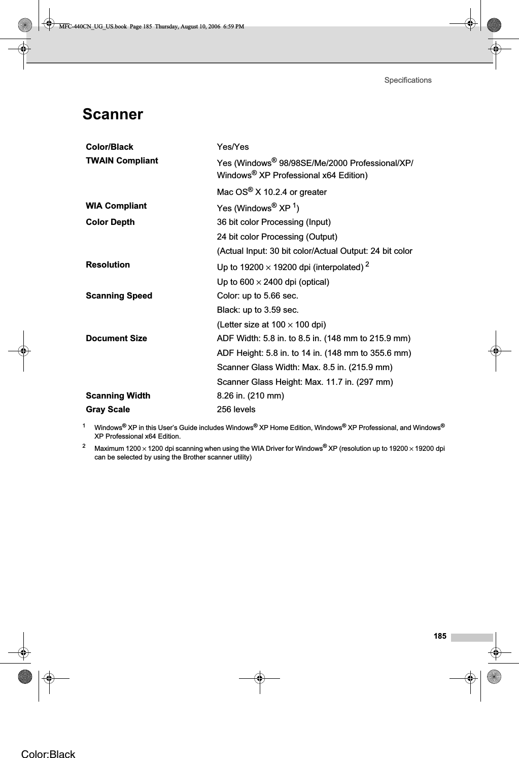 Specifications185Scanner D1Windows® XP in this User’s Guide includes Windows® XP Home Edition, Windows® XP Professional, and Windows®XP Professional x64 Edition.2Maximum 1200 × 1200 dpi scanning when using the WIA Driver for Windows® XP (resolution up to 19200 × 19200 dpi can be selected by using the Brother scanner utility)Color/Black Yes/YesTWAIN Compliant Yes (Windows® 98/98SE/Me/2000 Professional/XP/Windows® XP Professional x64 Edition)Mac OS® X 10.2.4 or greaterWIA Compliant Yes (Windows® XP 1)Color Depth 36 bit color Processing (Input)24 bit color Processing (Output)(Actual Input: 30 bit color/Actual Output: 24 bit colorResolution Up to 19200 × 19200 dpi (interpolated) 2Up to 600 × 2400 dpi (optical)Scanning Speed Color: up to 5.66 sec. Black: up to 3.59 sec.(Letter size at 100 × 100 dpi)Document Size  ADF Width: 5.8 in. to 8.5 in. (148 mm to 215.9 mm)ADF Height: 5.8 in. to 14 in. (148 mm to 355.6 mm)Scanner Glass Width: Max. 8.5 in. (215.9 mm)Scanner Glass Height: Max. 11.7 in. (297 mm)Scanning Width 8.26 in. (210 mm)Gray Scale 256 levelsMFC-440CN_UG_US.book  Page 185  Thursday, August 10, 2006  6:59 PMColor:Black