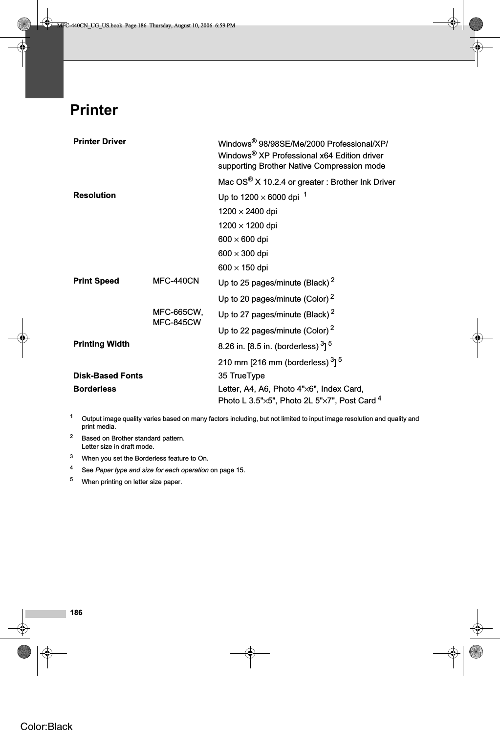 186Printer D1Output image quality varies based on many factors including, but not limited to input image resolution and quality and print media.2Based on Brother standard pattern.Letter size in draft mode.3When you set the Borderless feature to On.4See Paper type and size for each operation on page 15.5When printing on letter size paper.Printer Driver Windows® 98/98SE/Me/2000 Professional/XP/Windows® XP Professional x64 Edition driver supporting Brother Native Compression modeMac OS® X 10.2.4 or greater : Brother Ink Driver Resolution Up to 1200 × 6000 dpi  11200 × 2400 dpi1200 × 1200 dpi600 × 600 dpi600 × 300 dpi600 × 150 dpiPrint Speed MFC-440CN Up to 25 pages/minute (Black) 2Up to 20 pages/minute (Color) 2MFC-665CW,MFC-845CW Up to 27 pages/minute (Black) 2Up to 22 pages/minute (Color) 2Printing Width 8.26 in. [8.5 in. (borderless) 3]5210 mm [216 mm (borderless) 3]5Disk-Based Fonts 35 TrueTypeBorderless Letter, A4, A6, Photo 4&quot;×6&quot;, Index Card, Photo L 3.5&quot;×5&quot;, Photo 2L 5&quot;×7&quot;, Post Card 4MFC-440CN_UG_US.book  Page 186  Thursday, August 10, 2006  6:59 PMColor:Black