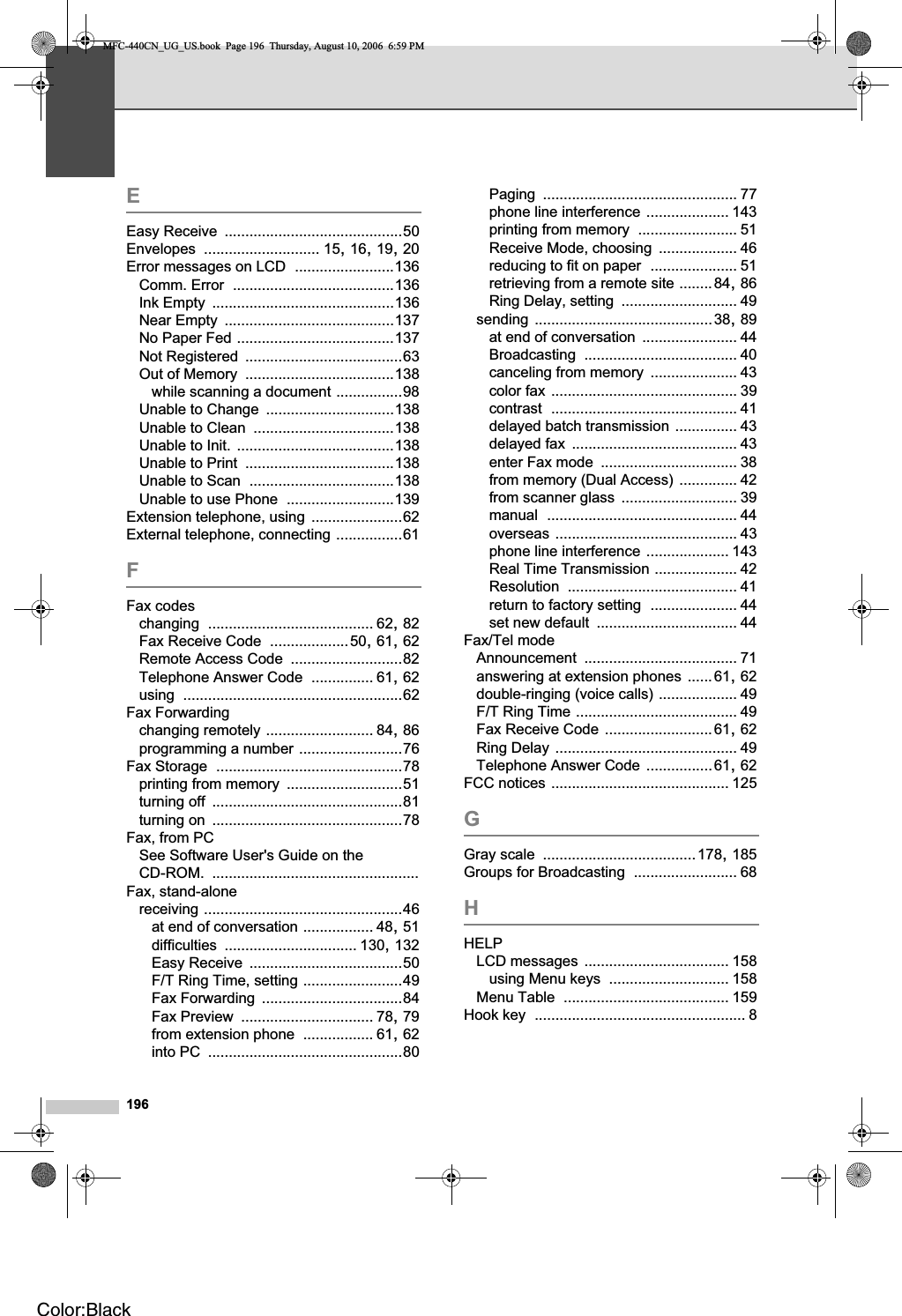196EEasy Receive ...........................................50Envelopes ............................ 15,16,19,20Error messages on LCD ........................136Comm. Error .......................................136Ink Empty ............................................136Near Empty .........................................137No Paper Fed ......................................137Not Registered ......................................63Out of Memory ....................................138while scanning a document ................98Unable to Change ...............................138Unable to Clean ..................................138Unable to Init. ......................................138Unable to Print ....................................138Unable to Scan ...................................138Unable to use Phone ..........................139Extension telephone, using ......................62External telephone, connecting ................61FFax codeschanging ........................................ 62,82Fax Receive Code ...................50,61,62Remote Access Code ...........................82Telephone Answer Code ............... 61,62using .....................................................62Fax Forwardingchanging remotely .......................... 84,86programming a number .........................76Fax Storage .............................................78printing from memory ............................51turning off ..............................................81turning on ..............................................78Fax, from PCSee Software User&apos;s Guide on the CD-ROM. ..................................................Fax, stand-alonereceiving ................................................46at end of conversation ................. 48,51difficulties ................................ 130,132Easy Receive .....................................50F/T Ring Time, setting ........................49Fax Forwarding ..................................84Fax Preview ................................ 78,79from extension phone ................. 61,62into PC ...............................................80Paging ............................................... 77phone line interference .................... 143printing from memory ........................ 51Receive Mode, choosing ................... 46reducing to fit on paper ..................... 51retrieving from a remote site ........84,86Ring Delay, setting ............................ 49sending ...........................................38,89at end of conversation ....................... 44Broadcasting ..................................... 40canceling from memory ..................... 43color fax ............................................. 39contrast ............................................. 41delayed batch transmission ............... 43delayed fax ........................................ 43enter Fax mode ................................. 38from memory (Dual Access) .............. 42from scanner glass ............................ 39manual .............................................. 44overseas ............................................ 43phone line interference .................... 143Real Time Transmission .................... 42Resolution ......................................... 41return to factory setting ..................... 44set new default .................................. 44Fax/Tel modeAnnouncement ..................................... 71answering at extension phones ......61,62double-ringing (voice calls) ................... 49F/T Ring Time ....................................... 49Fax Receive Code ..........................61,62Ring Delay ............................................ 49Telephone Answer Code ................61,62FCC notices ........................................... 125GGray scale .....................................178,185Groups for Broadcasting ......................... 68HHELPLCD messages ................................... 158using Menu keys ............................. 158Menu Table ........................................ 159Hook key ................................................... 8MFC-440CN_UG_US.book  Page 196  Thursday, August 10, 2006  6:59 PMColor:Black