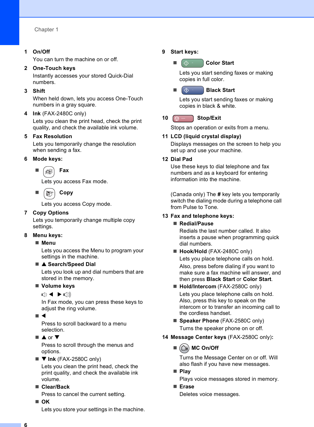Chapter 161On/OffYou can turn the machine on or off.2 One-Touch keysInstantly accesses your stored Quick-Dial numbers.3ShiftWhen held down, lets you access One-Touch numbers in a gray square.4Ink (FAX-2480C only)Lets you clean the print head, check the print quality, and check the available ink volume.5 Fax ResolutionLets you temporarily change the resolution when sending a fax.6 Mode keys: FaxLets you access Fax mode. CopyLets you access Copy mode.7 Copy OptionsLets you temporarily change multiple copy settings.8 Menu keys:MenuLets you access the Menu to program your settings in the machine.a Search/Speed DialLets you look up and dial numbers that are stored in the memory.Volume keys d   c In Fax mode, you can press these keys to adjust the ring volume.d Press to scroll backward to a menu selection.a or bPress to scroll through the menus and options.b Ink (FAX-2580C only)Lets you clean the print head, check the print quality, and check the available ink volume.Clear/BackPress to cancel the current setting.OKLets you store your settings in the machine.9 Start keys:Color StartLets you start sending faxes or making copies in full color.Black StartLets you start sending faxes or making copies in black &amp; white.10  Stop/ExitStops an operation or exits from a menu.11 LCD (liquid crystal display)Displays messages on the screen to help you set up and use your machine.12 Dial PadUse these keys to dial telephone and fax numbers and as a keyboard for entering information into the machine.(Canada only) The # key lets you temporarily switch the dialing mode during a telephone call from Pulse to Tone.13 Fax and telephone keys:Redial/PauseRedials the last number called. It also inserts a pause when programming quick dial numbers.Hook/Hold (FAX-2480C only)Lets you place telephone calls on hold.Also, press before dialing if you want to make sure a fax machine will answer, and then press Black Start or Color Start. Hold/Intercom (FAX-2580C only)Lets you place telephone calls on hold. Also, press this key to speak on the intercom or to transfer an incoming call to the cordless handset.Speaker Phone (FAX-2580C only)Turns the speaker phone on or off.14 Message Center keys (FAX-2580C only): MC On/OffTurns the Message Center on or off. Will also flash if you have new messages.PlayPlays voice messages stored in memory.EraseDeletes voice messages.