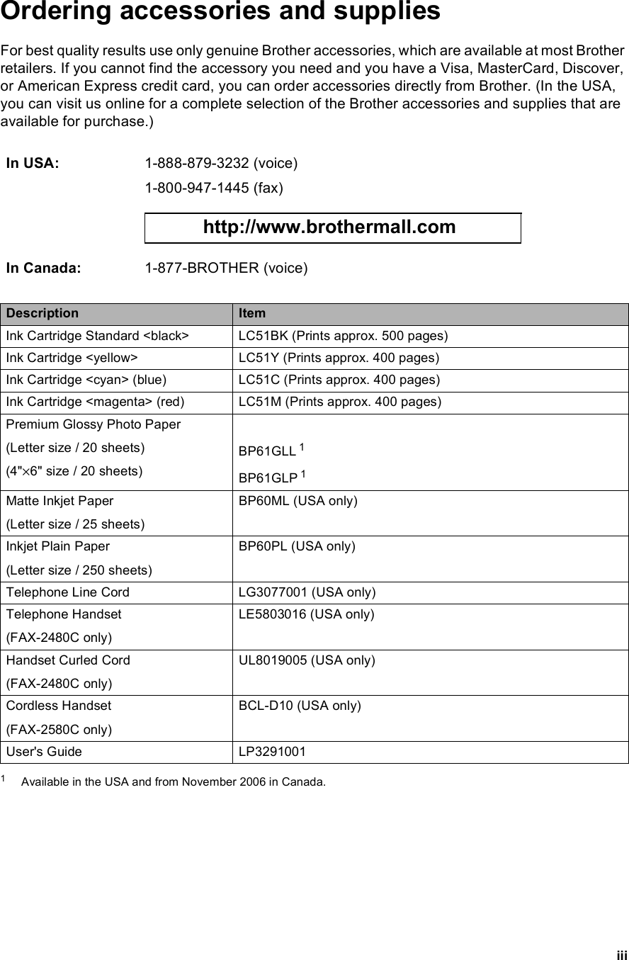 iiiOrdering accessories and supplies For best quality results use only genuine Brother accessories, which are available at most Brother retailers. If you cannot find the accessory you need and you have a Visa, MasterCard, Discover, or American Express credit card, you can order accessories directly from Brother. (In the USA, you can visit us online for a complete selection of the Brother accessories and supplies that are available for purchase.) 1Available in the USA and from November 2006 in Canada.In USA: 1-888-879-3232 (voice)1-800-947-1445 (fax) http://www.brothermall.com In Canada: 1-877-BROTHER (voice)Description ItemInk Cartridge Standard &lt;black&gt; LC51BK (Prints approx. 500 pages)Ink Cartridge &lt;yellow&gt; LC51Y (Prints approx. 400 pages)Ink Cartridge &lt;cyan&gt; (blue) LC51C (Prints approx. 400 pages)Ink Cartridge &lt;magenta&gt; (red) LC51M (Prints approx. 400 pages)Premium Glossy Photo Paper(Letter size / 20 sheets)(4&quot;×6&quot; size / 20 sheets)BP61GLL 1BP61GLP 1Matte Inkjet Paper(Letter size / 25 sheets)BP60ML (USA only)Inkjet Plain Paper(Letter size / 250 sheets)BP60PL (USA only)Telephone Line Cord LG3077001 (USA only)Telephone Handset(FAX-2480C only)LE5803016 (USA only)Handset Curled Cord(FAX-2480C only)UL8019005 (USA only)Cordless Handset(FAX-2580C only)BCL-D10 (USA only)User&apos;s Guide LP3291001