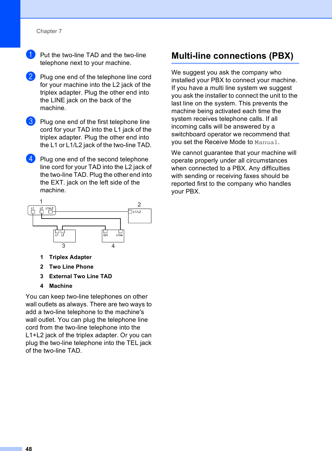 Chapter 748aPut the two-line TAD and the two-line telephone next to your machine.bPlug one end of the telephone line cord for your machine into the L2 jack of the triplex adapter. Plug the other end into the LINE jack on the back of the machine.cPlug one end of the first telephone line cord for your TAD into the L1 jack of the triplex adapter. Plug the other end into the L1 or L1/L2 jack of the two-line TAD. dPlug one end of the second telephone line cord for your TAD into the L2 jack of the two-line TAD. Plug the other end into the EXT. jack on the left side of the machine. 1 Triplex Adapter2 Two Line Phone3 External Two Line TAD4 MachineYou can keep two-line telephones on other wall outlets as always. There are two ways to add a two-line telephone to the machine&apos;s wall outlet. You can plug the telephone line cord from the two-line telephone into the L1+L2 jack of the triplex adapter. Or you can plug the two-line telephone into the TEL jack of the two-line TAD.Multi-line connections (PBX) 7We suggest you ask the company who installed your PBX to connect your machine. If you have a multi line system we suggest you ask the installer to connect the unit to the last line on the system. This prevents the machine being activated each time the system receives telephone calls. If all incoming calls will be answered by a switchboard operator we recommend that you set the Receive Mode to Manual.We cannot guarantee that your machine will operate properly under all circumstances when connected to a PBX. Any difficulties with sending or receiving faxes should be reported first to the company who handles your PBX.1234