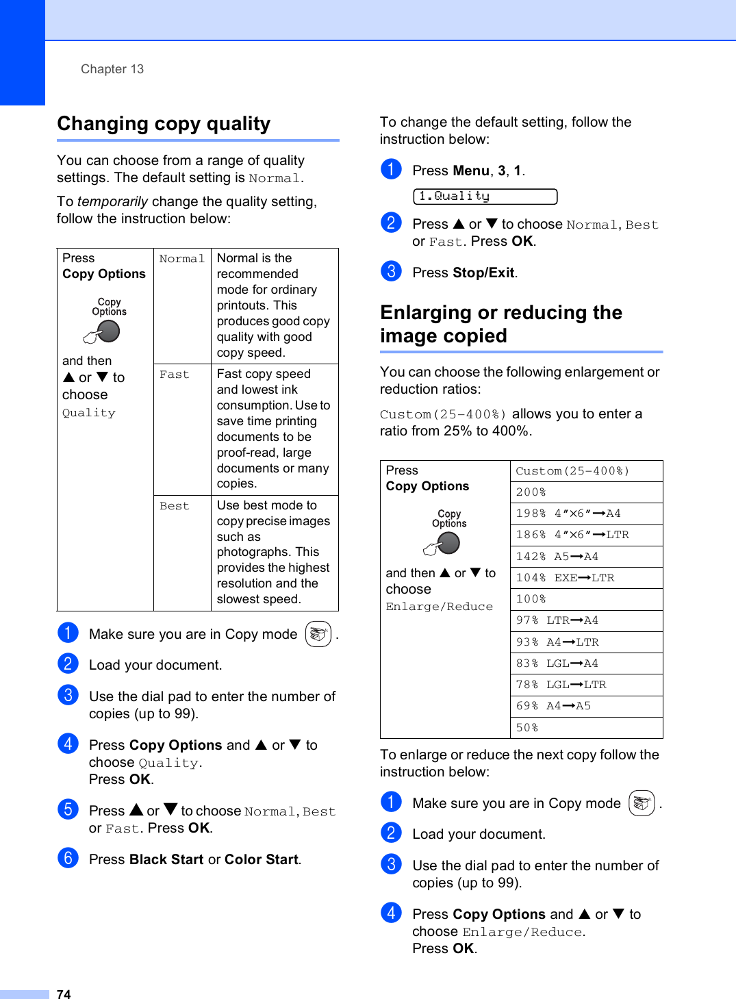 Chapter 1374Changing copy quality 13You can choose from a range of quality settings. The default setting is Normal.To temporarily change the quality setting, follow the instruction below:aMake sure you are in Copy mode  .bLoad your document.cUse the dial pad to enter the number of copies (up to 99).dPress Copy Options and a or b to choose Quality.Press OK.ePress a or b to choose Normal, Best or Fast. Press OK.fPress Black Start or Color Start.To change the default setting, follow the instruction below:aPress Menu, 3, 1. 1.QualitybPress a or b to choose Normal, Best or Fast. Press OK.cPress Stop/Exit.Enlarging or reducing the image copied 13You can choose the following enlargement or reduction ratios:Custom(25–400%) allows you to enter a ratio from 25% to 400%.To enlarge or reduce the next copy follow the instruction below:aMake sure you are in Copy mode  .bLoad your document.cUse the dial pad to enter the number of copies (up to 99).dPress Copy Options and a or b to choose Enlarge/Reduce.Press OK.Press Copy Options and then aor b to choose QualityNormal Normal is the recommended mode for ordinary printouts. This produces good copy quality with good copy speed.Fast Fast copy speed and lowest ink consumption. Use to save time printing documents to be proof-read, large documents or many copies.Best Use best mode to copy precise images such as photographs. This provides the highest resolution and the slowest speed.Press Copy Options and then a or b to choose Enlarge/ReduceCustom(25–400%) 200%198% 4”×6”iA4186% 4”×6”iLTR142% A5iA4104% EXEiLTR100%97% LTRiA493% A4iLTR83% LGLiA478% LGLiLTR69% A4iA550%