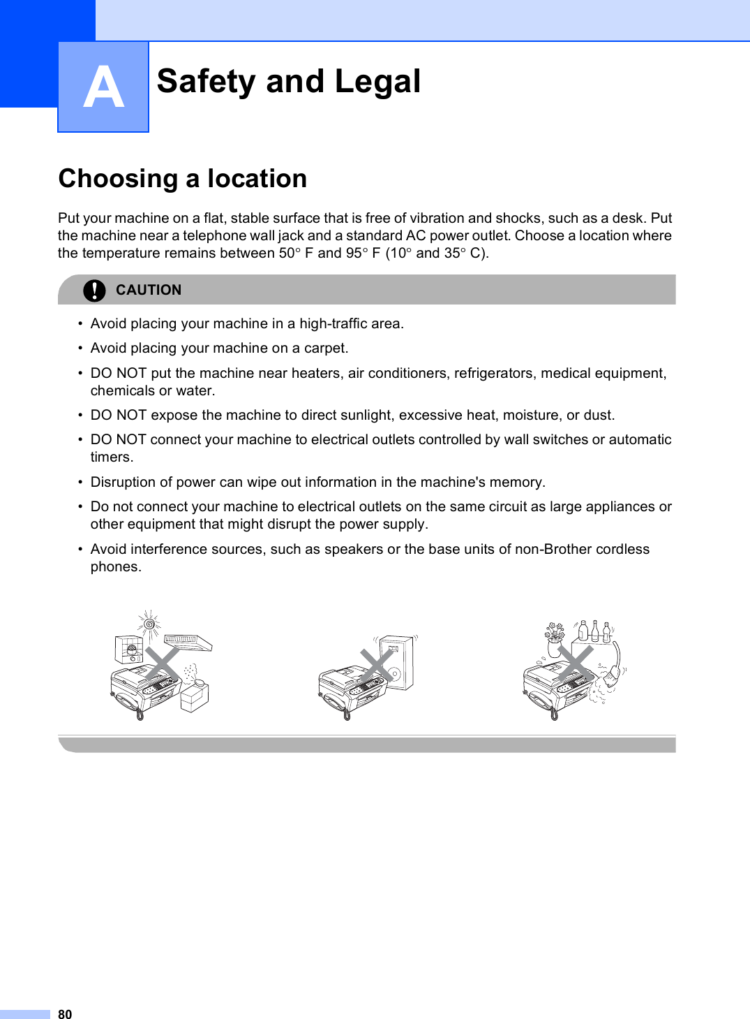 80AChoosing a location APut your machine on a flat, stable surface that is free of vibration and shocks, such as a desk. Put the machine near a telephone wall jack and a standard AC power outlet. Choose a location where the temperature remains between 50°F and 95°F (10° and 35°C).CAUTION • Avoid placing your machine in a high-traffic area.• Avoid placing your machine on a carpet.• DO NOT put the machine near heaters, air conditioners, refrigerators, medical equipment, chemicals or water. • DO NOT expose the machine to direct sunlight, excessive heat, moisture, or dust.• DO NOT connect your machine to electrical outlets controlled by wall switches or automatic timers.• Disruption of power can wipe out information in the machine&apos;s memory.• Do not connect your machine to electrical outlets on the same circuit as large appliances or other equipment that might disrupt the power supply.• Avoid interference sources, such as speakers or the base units of non-Brother cordless phones. Safety and Legal A     