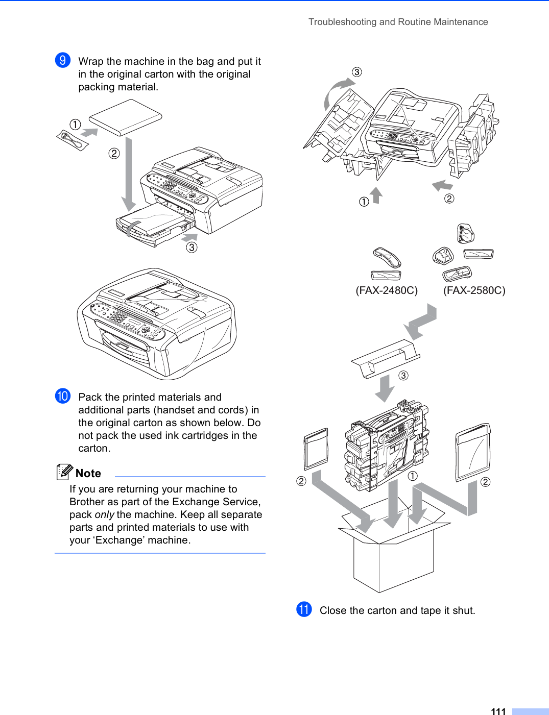 Troubleshooting and Routine Maintenance111iWrap the machine in the bag and put it in the original carton with the original packing material.  jPack the printed materials and additional parts (handset and cords) in the original carton as shown below. Do not pack the used ink cartridges in the carton.NoteIf you are returning your machine to Brother as part of the Exchange Service, pack only the machine. Keep all separate parts and printed materials to use with your ‘Exchange’ machine.   kClose the carton and tape it shut. (FAX-2480C) (FAX-2580C)