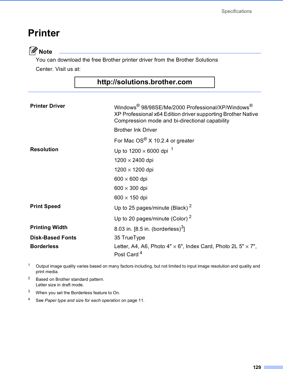 Specifications129Printer DNoteYou can download the free Brother printer driver from the Brother SolutionsCenter. Visit us at: http://solutions.brother.com  1Output image quality varies based on many factors including, but not limited to input image resolution and quality and print media.2Based on Brother standard pattern.Letter size in draft mode.3When you set the Borderless feature to On.4See Paper type and size for each operation on page 11.Printer Driver Windows® 98/98SE/Me/2000 Professional/XP/Windows® XP Professional x64 Edition driver supporting Brother Native Compression mode and bi-directional capabilityBrother Ink Driver For Mac OS® X 10.2.4 or greaterResolution Up to 1200 × 6000 dpi  11200 × 2400 dpi1200 × 1200 dpi600 × 600 dpi600 × 300 dpi600 × 150 dpiPrint Speed Up to 25 pages/minute (Black) 2Up to 20 pages/minute (Color) 2Printing Width 8.03 in. [8.5 in. (borderless)3] Disk-Based Fonts 35 TrueTypeBorderless Letter, A4, A6, Photo 4&quot; × 6&quot;, Index Card, Photo 2L 5&quot; × 7&quot;, Post Card 4