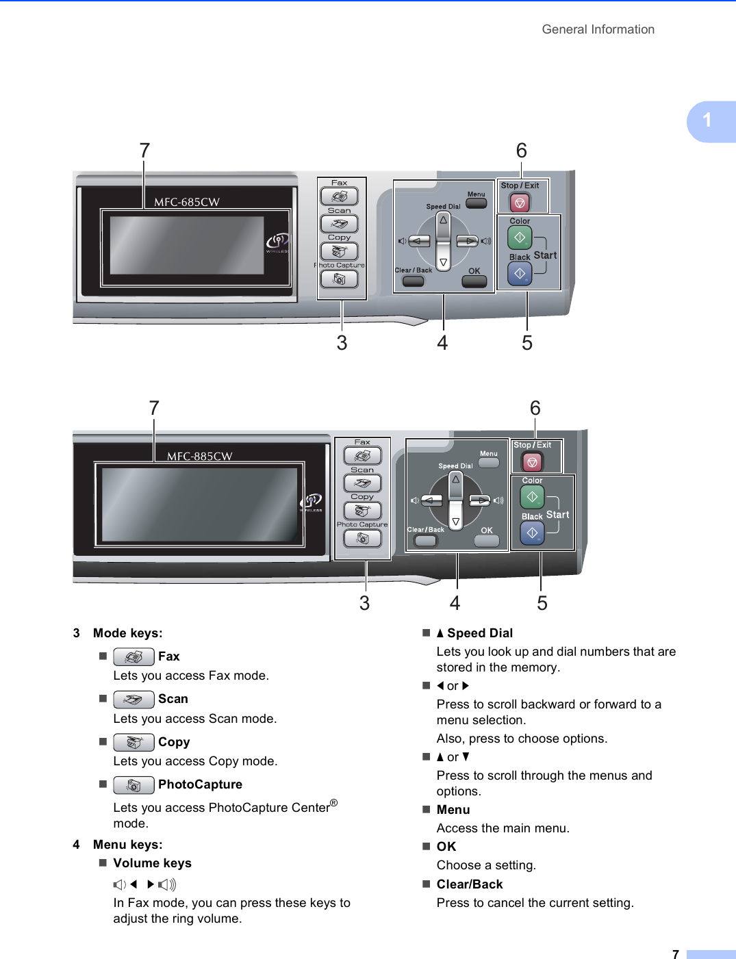 General Information71  3 Mode keys: FaxLets you access Fax mode. ScanLets you access Scan mode. CopyLets you access Copy mode. PhotoCaptureLets you access PhotoCapture Center® mode.4 Menu keys:Volume keys d   c In Fax mode, you can press these keys to adjust the ring volume.a Speed Dial Lets you look up and dial numbers that are stored in the memory.d or cPress to scroll backward or forward to a menu selection.Also, press to choose options.a or bPress to scroll through the menus and options.MenuAccess the main menu.OKChoose a setting.Clear/BackPress to cancel the current setting.3456734567